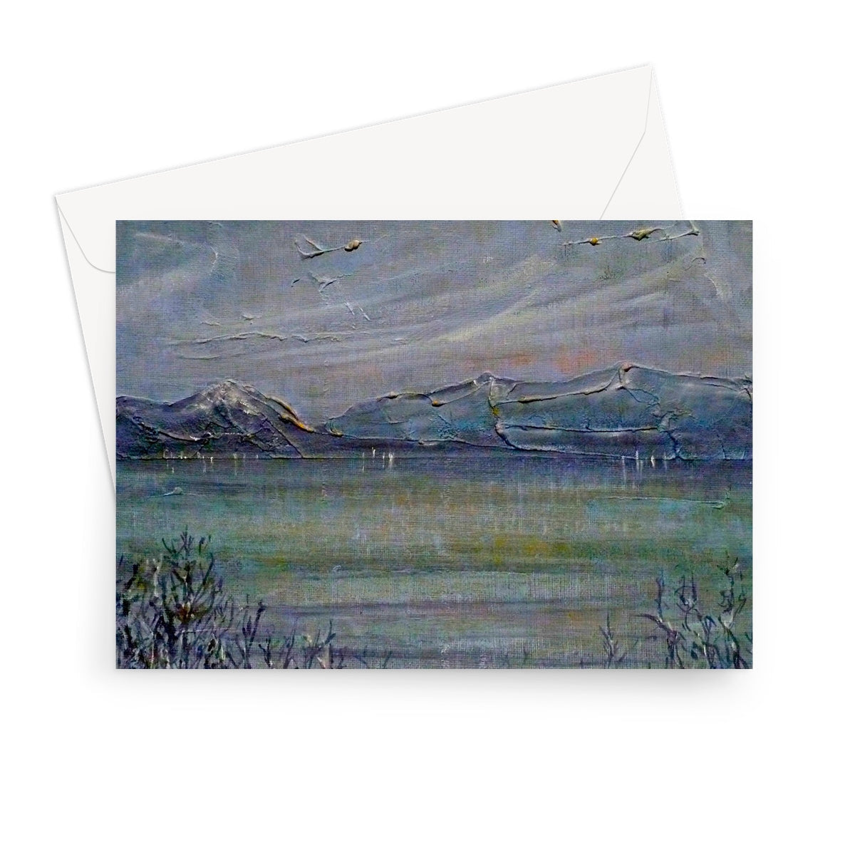 White Loch Morlich Moonlight Greeting Card with mountain landscape and watercolor effect