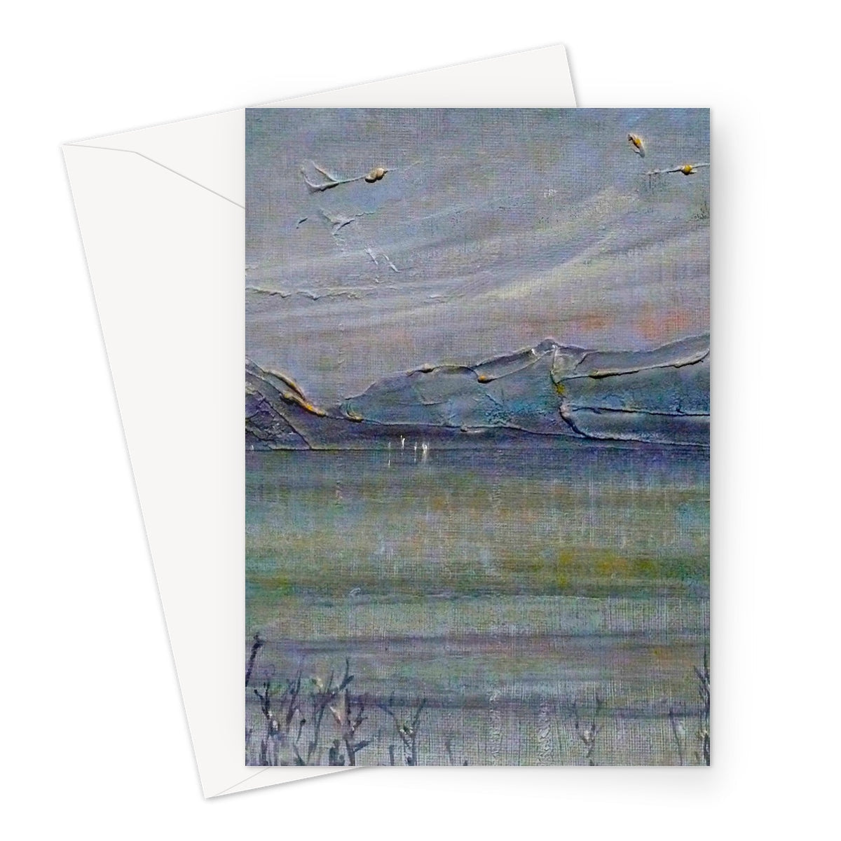 Winter landscape greeting card with flying birds over snow-covered trees and mountains