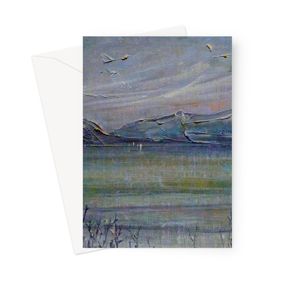 Blue and white abstract landscape Loch Morlich Moonlight greeting card with textured surface