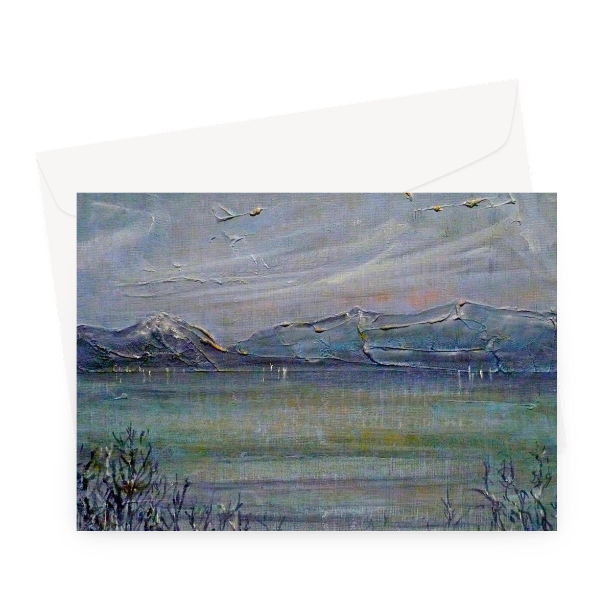 Watercolor landscape greeting card featuring mountains, birds, muted greens and blues with envelope included