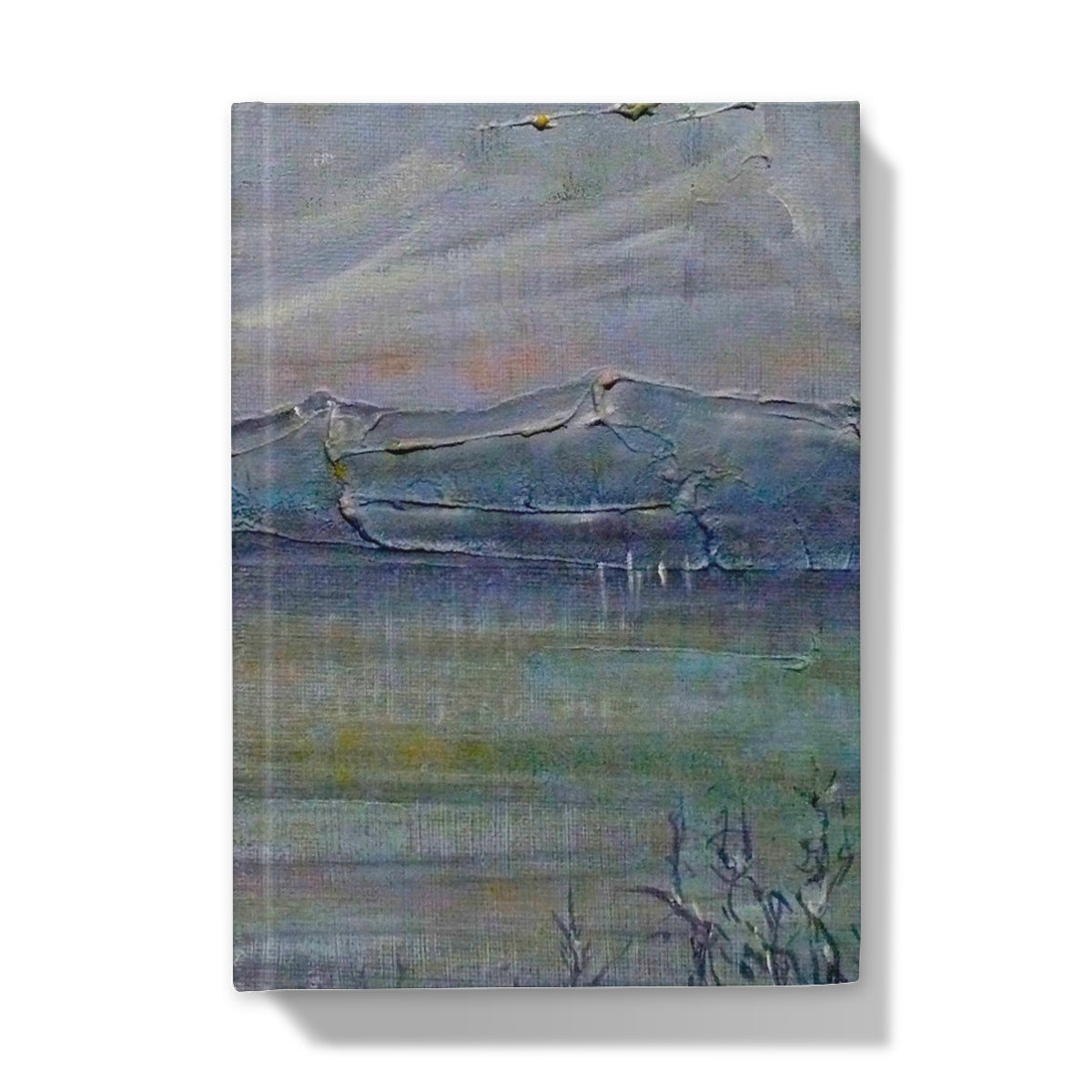 Abstract landscape canvas print with textured brushstrokes in muted blues and greens for Loch Morlich Moonlight Hardback Journal