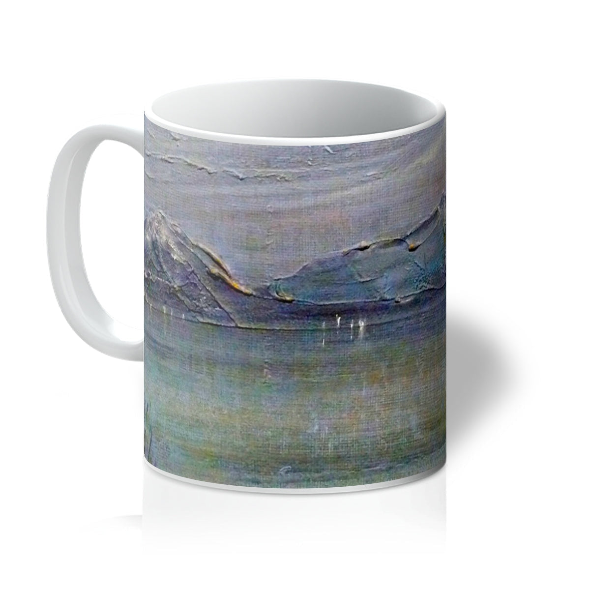 Loch Morlich Moonlight Mug with ceramic wave design, white handle and rim in gray-blue tones