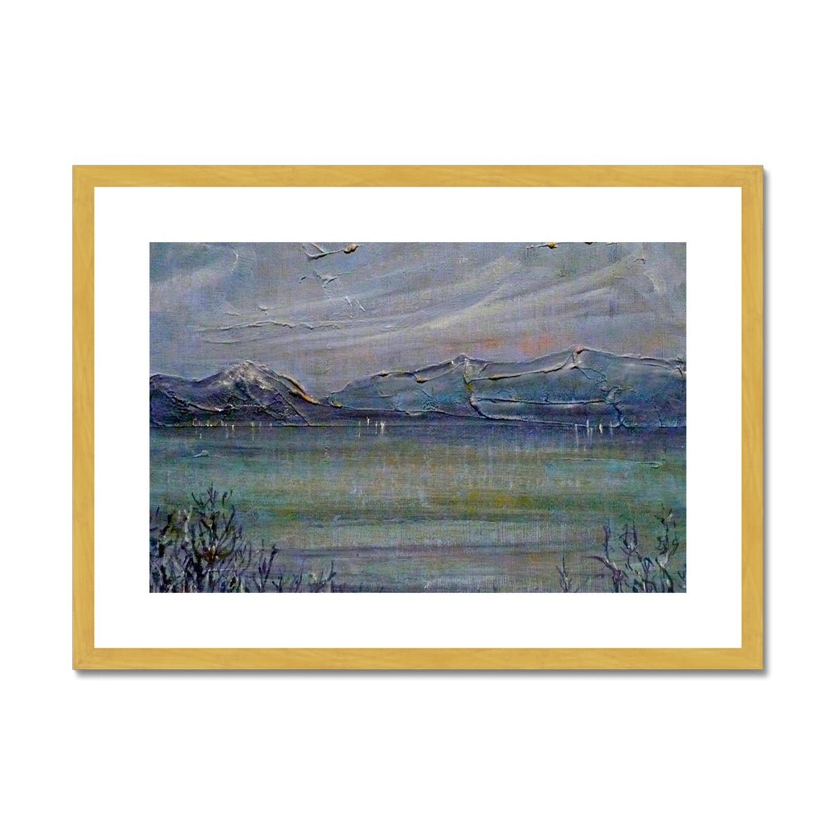 Loch Morlich Moonlight Painting | Antique Framed & Mounted Prints From Scotland-Antique Framed & Mounted Prints-Scottish Lochs & Mountains Art Gallery-A2 Landscape-Gold Frame-Paintings, Prints, Homeware, Art Gifts From Scotland By Scottish Artist Kevin Hunter