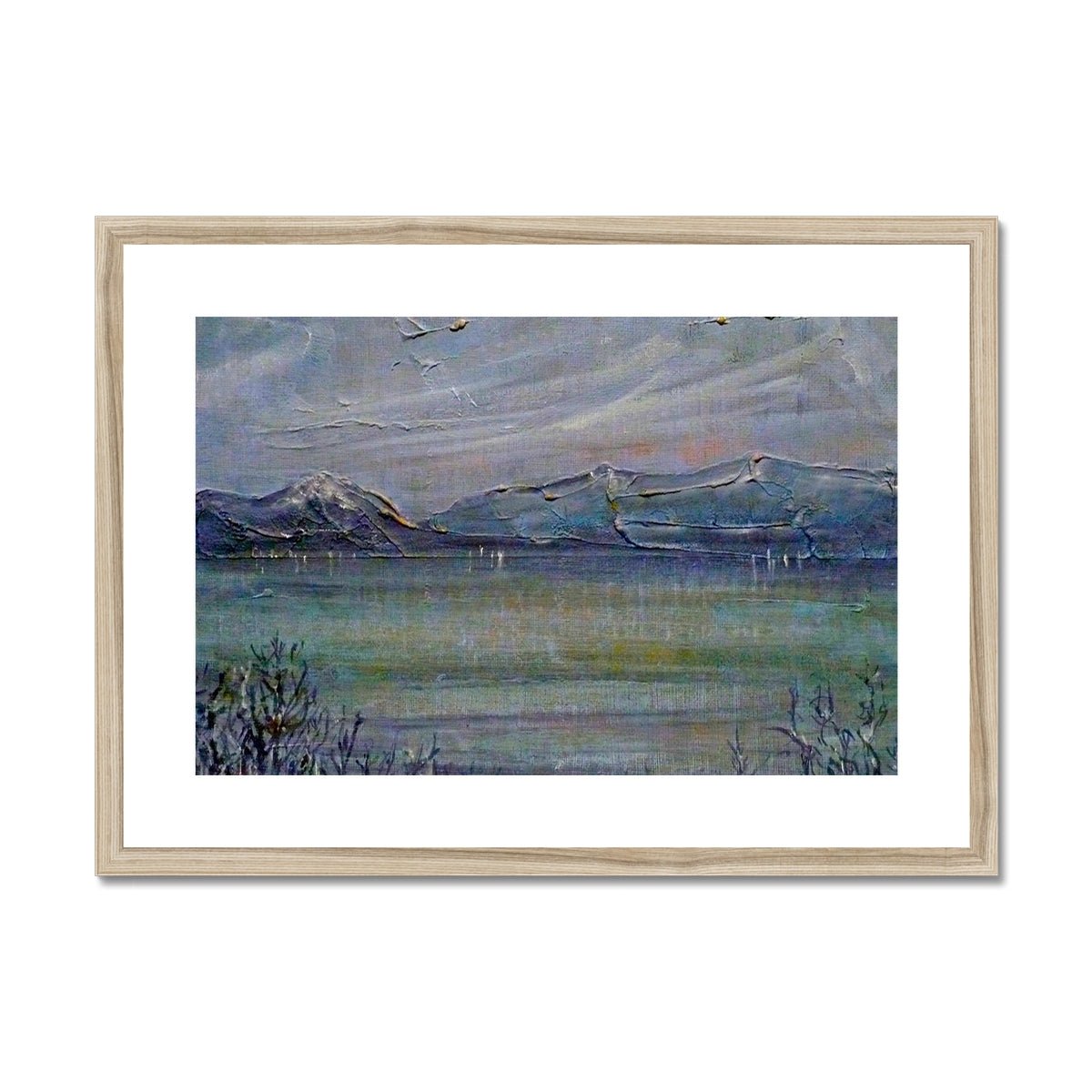 Loch Morlich Moonlight Painting | Framed & Mounted Prints From Scotland-Framed & Mounted Prints-Scottish Lochs & Mountains Art Gallery-A2 Landscape-Natural Frame-Paintings, Prints, Homeware, Art Gifts From Scotland By Scottish Artist Kevin Hunter