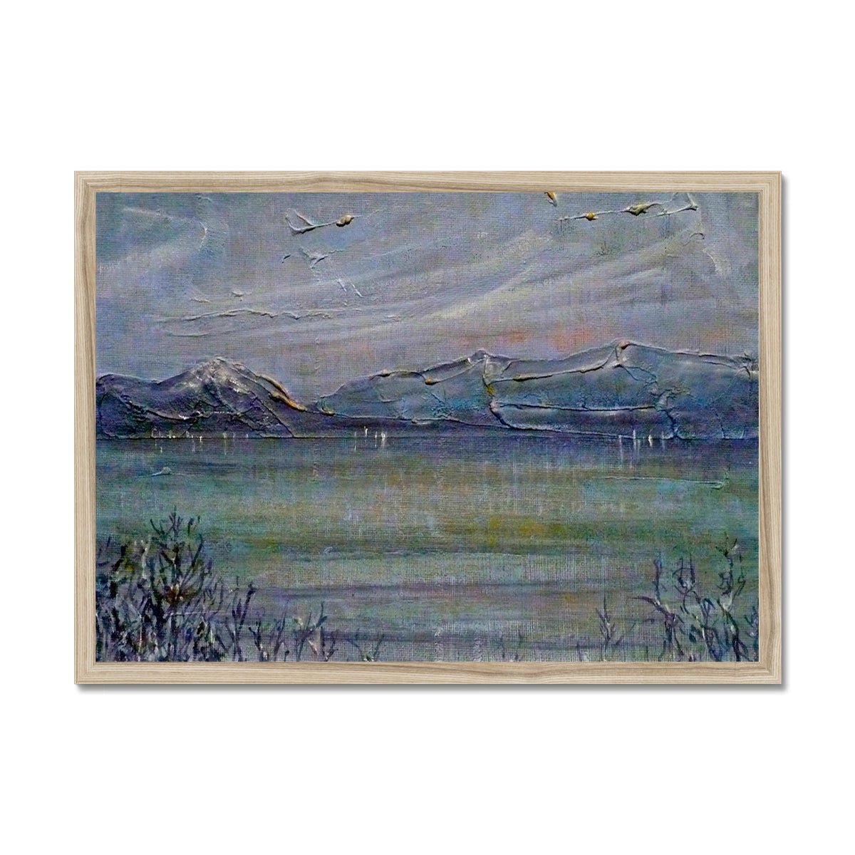 Loch Morlich Moonlight Painting | Framed Prints From Scotland-Framed Prints-Scottish Lochs & Mountains Art Gallery-A2 Landscape-Natural Frame-Paintings, Prints, Homeware, Art Gifts From Scotland By Scottish Artist Kevin Hunter