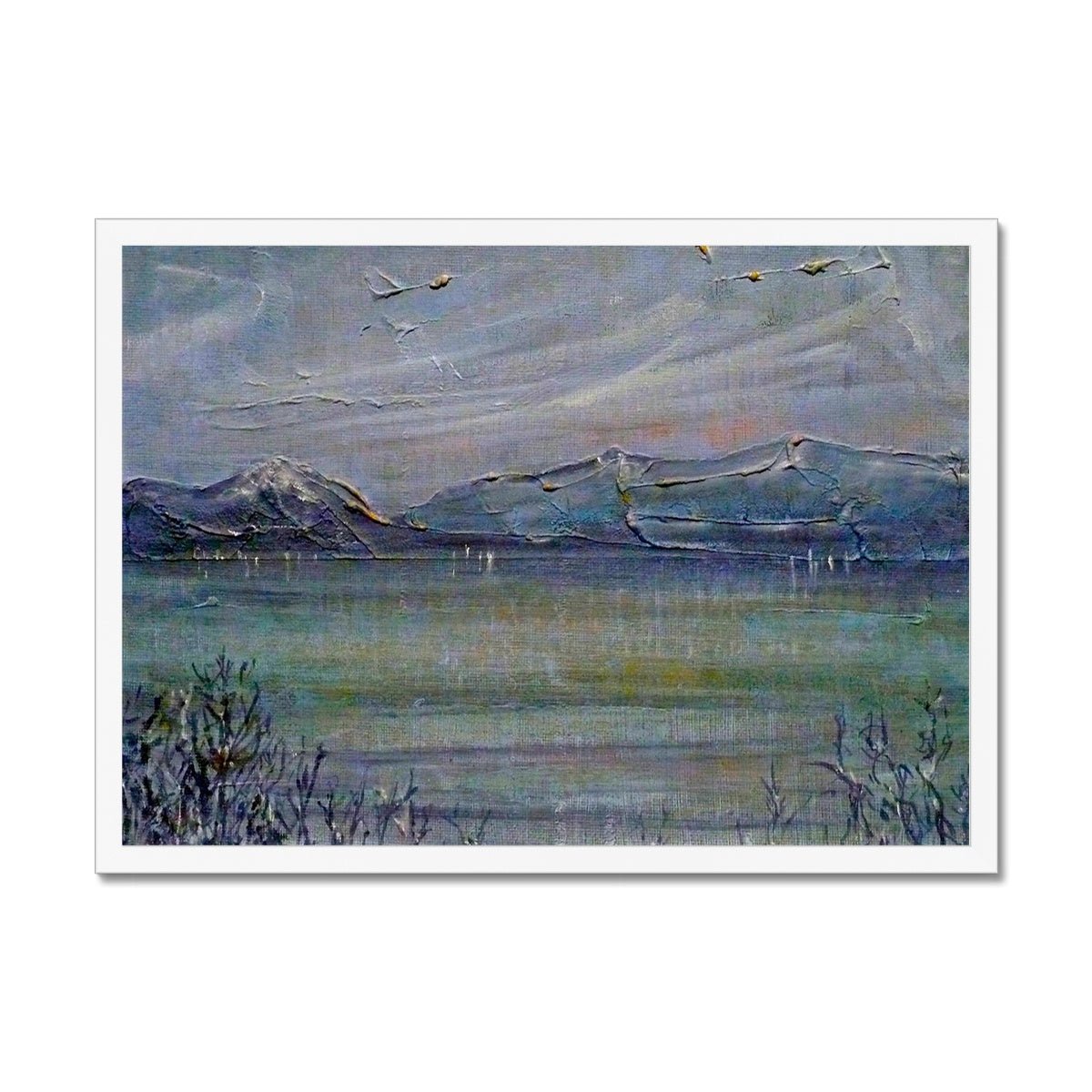 Loch Morlich Moonlight Painting | Framed Prints From Scotland-Framed Prints-Scottish Lochs & Mountains Art Gallery-A2 Landscape-White Frame-Paintings, Prints, Homeware, Art Gifts From Scotland By Scottish Artist Kevin Hunter
