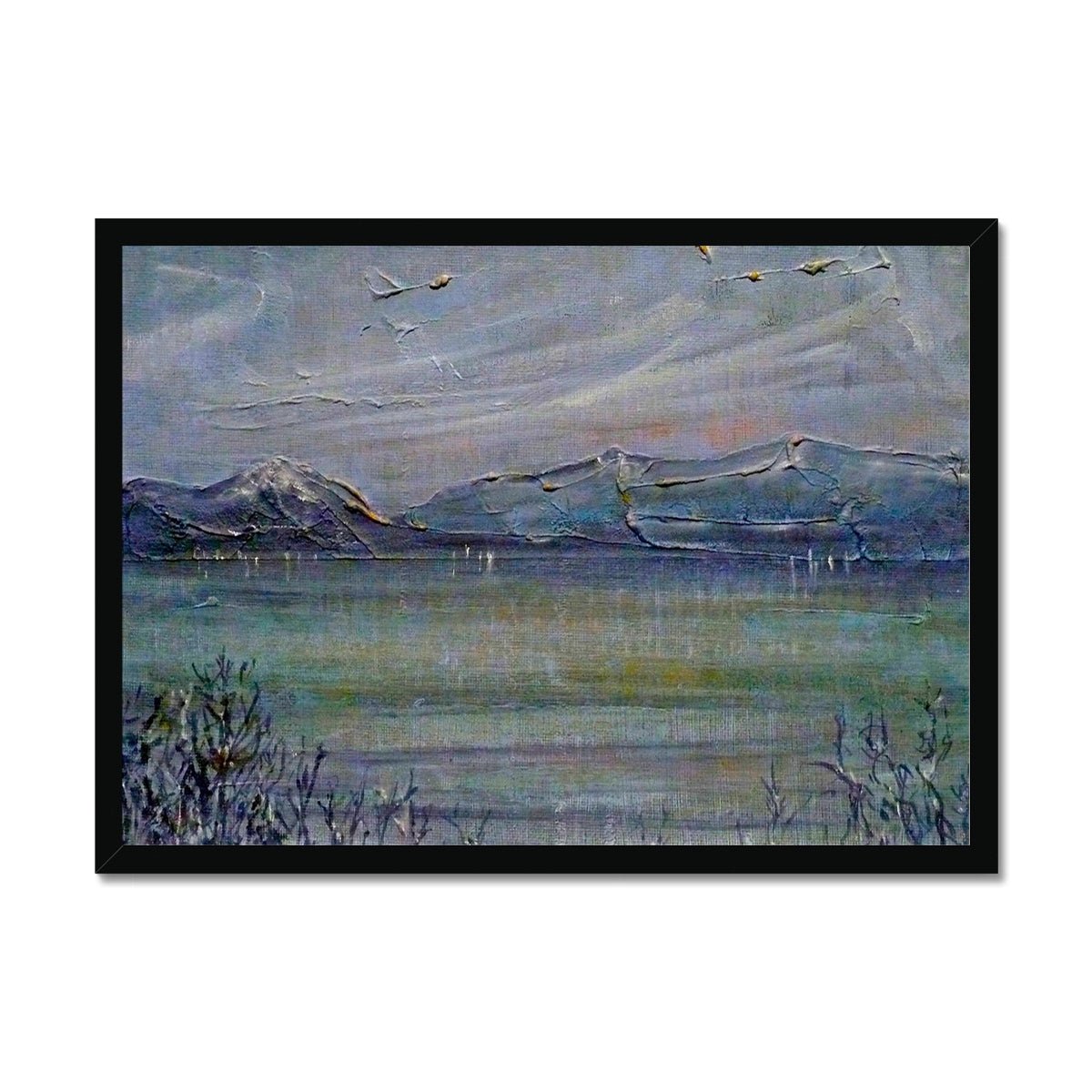 Loch Morlich Moonlight Painting | Framed Prints From Scotland-Framed Prints-Scottish Lochs & Mountains Art Gallery-A2 Landscape-Black Frame-Paintings, Prints, Homeware, Art Gifts From Scotland By Scottish Artist Kevin Hunter
