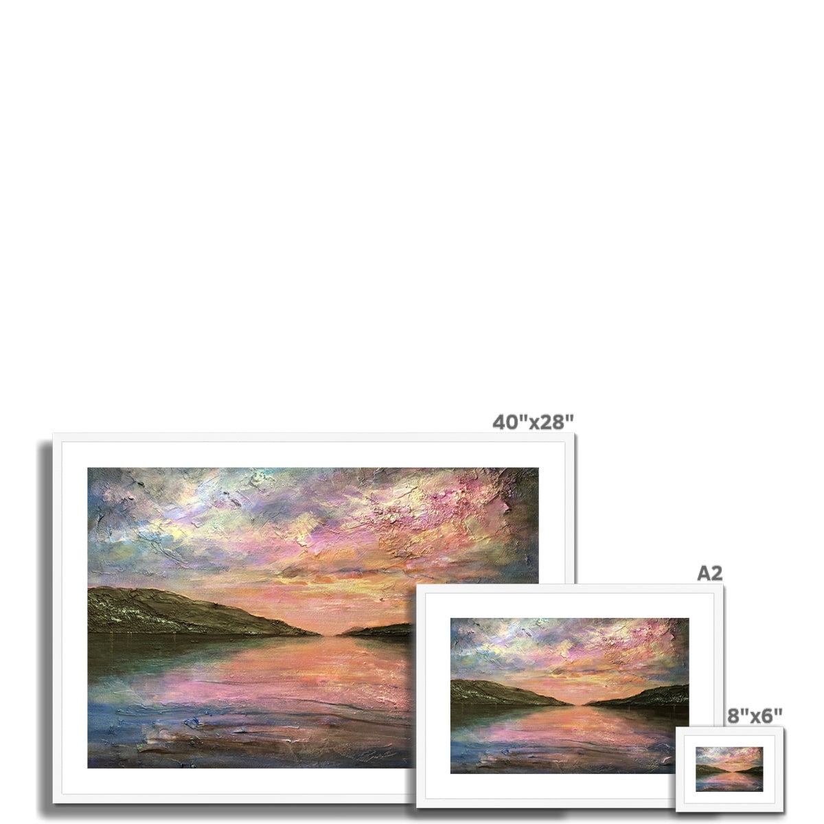 Framed Loch Ness Dawn abstract print: vibrant sunset hues in calm water