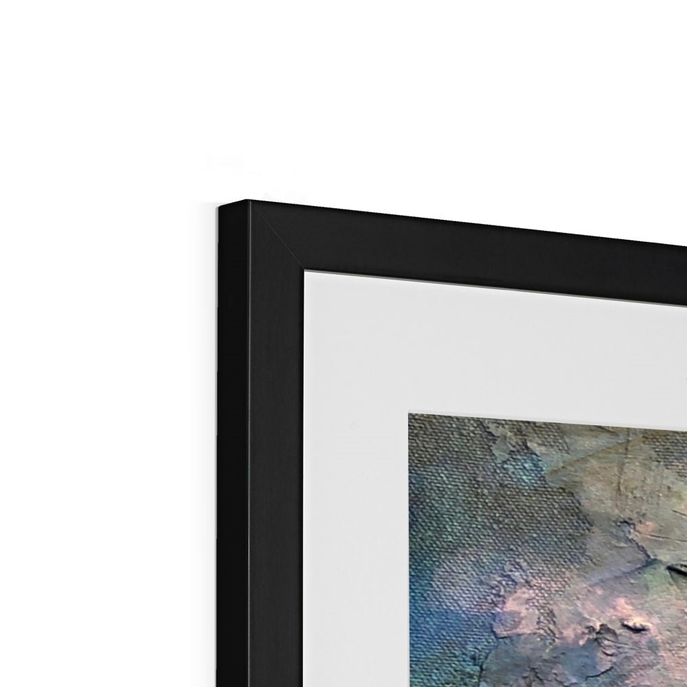 Loch Ness Dawn abstract art print in black frame with blue, gray, pink hues