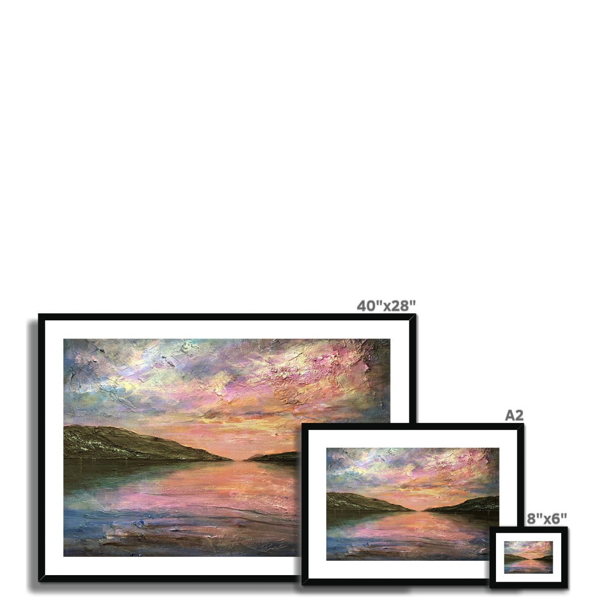 Loch Ness Dawn abstract landscape print with textured pink-purple-blue sky over calm water and hills