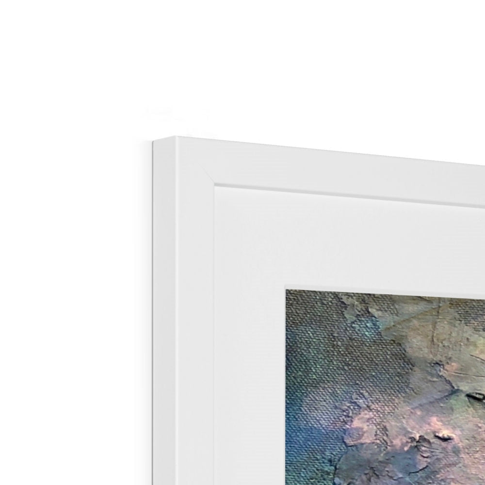 White framed Loch Ness Dawn abstract art print with blue, green, and pink hues