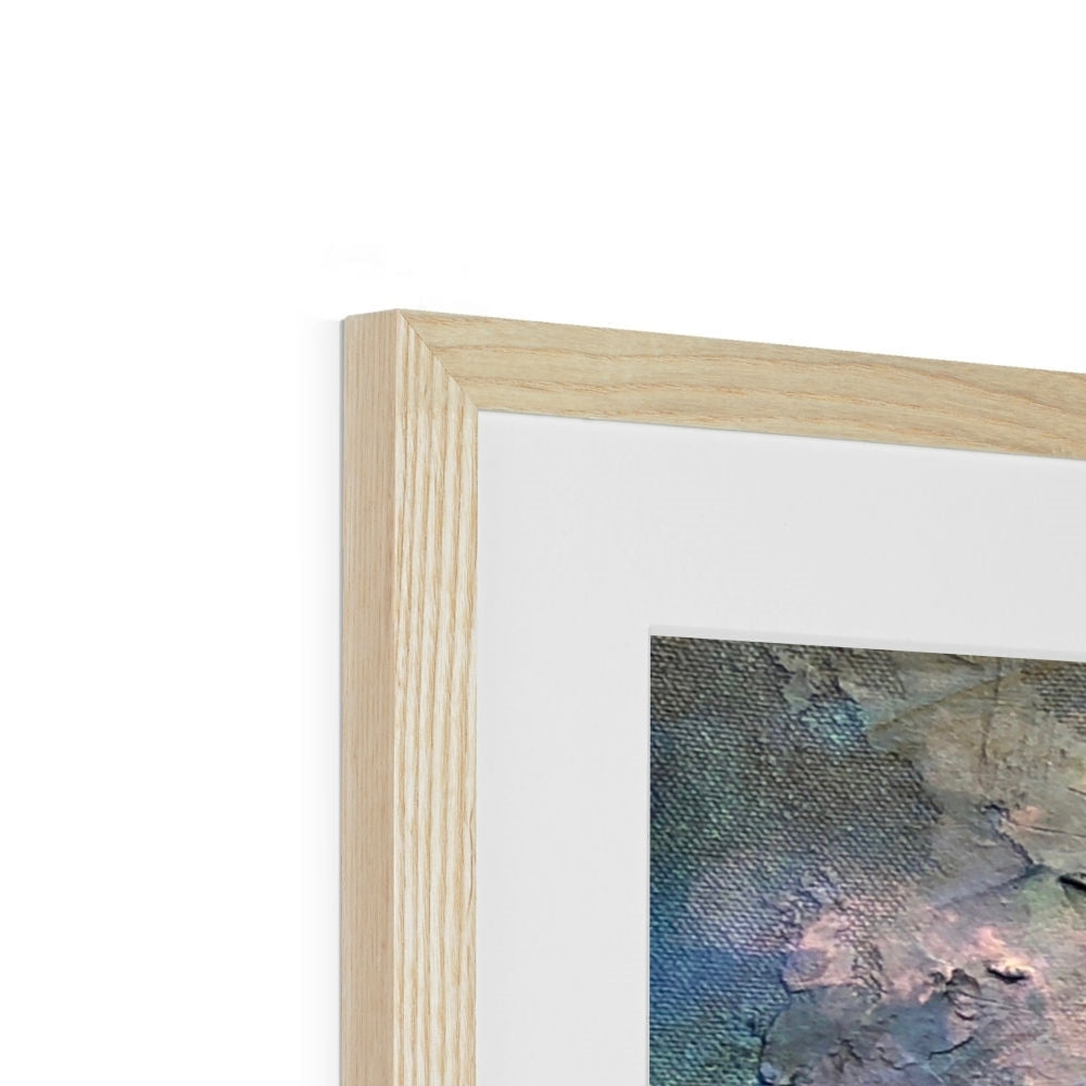 Loch Ness Dawn abstract print in light wood frame with textured blue-gray-pink hues