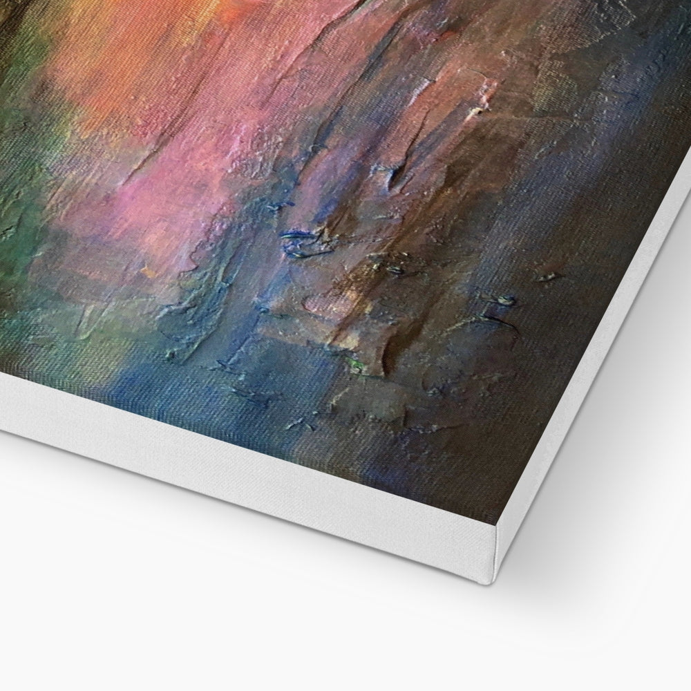 Loch Ness Dawn textured canvas print with pink, orange, blue, brown strokes