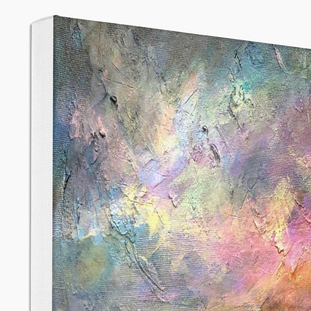 Loch Ness Dawn abstract canvas print with pastel pink, lavender, teal, gold hues