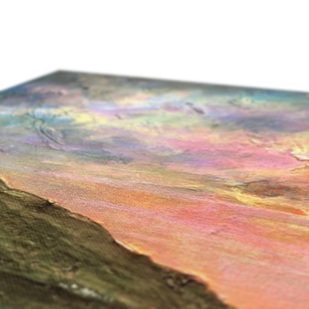 Loch Ness Dawn watercolor canvas print in pastel pinks and oranges