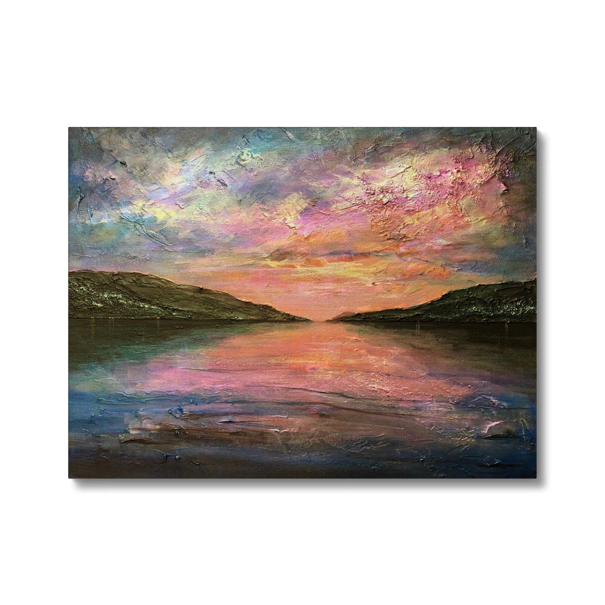 Serene Loch Ness dawn canvas print with pink orange sunset over water