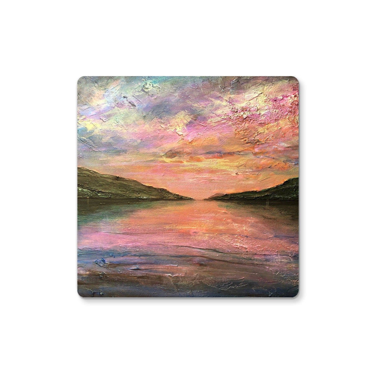 Loch Ness Dawn square coaster with impressionistic serene lake sunset hues
