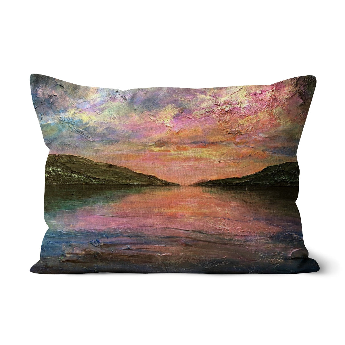 Loch Ness Dawn Cushion: impressionistic sunset pillow over water