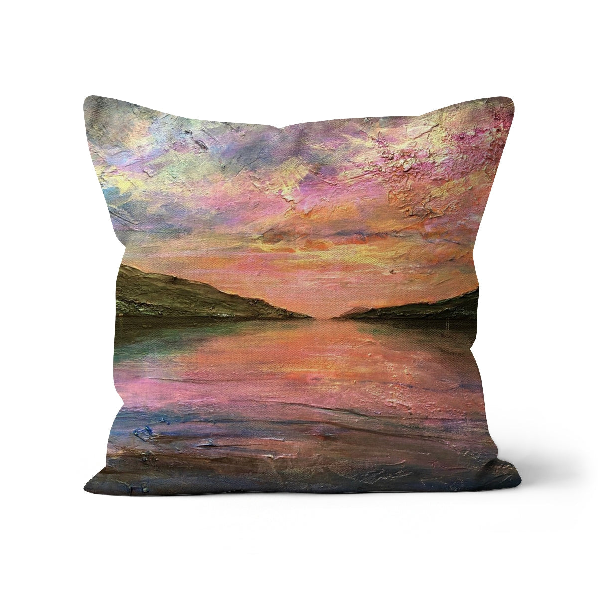 Loch Ness Dawn square cushion with impressionistic sunset over water in pinks, purples, golds