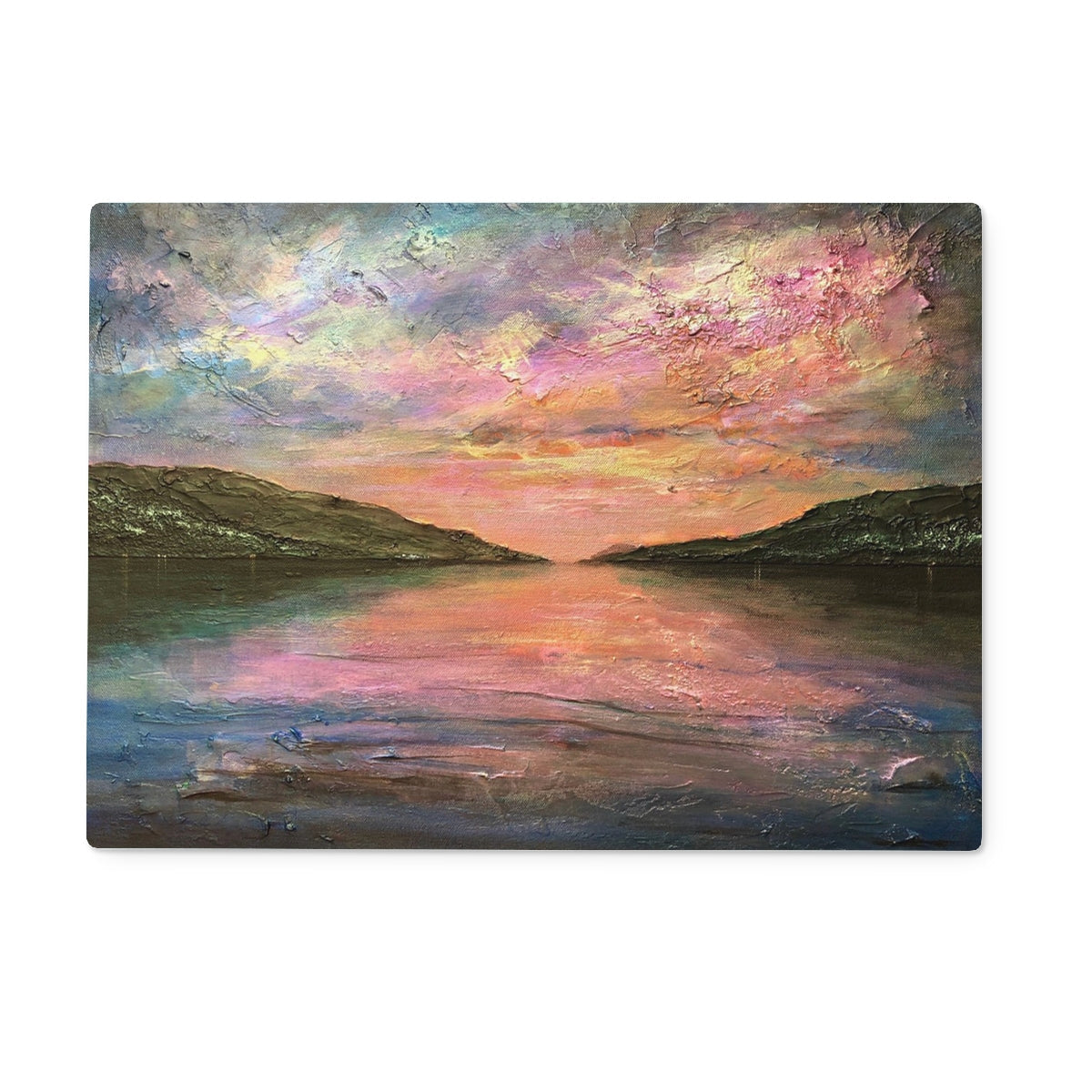 Serene Loch Ness dawn sunset on textured canvas glass chopping board