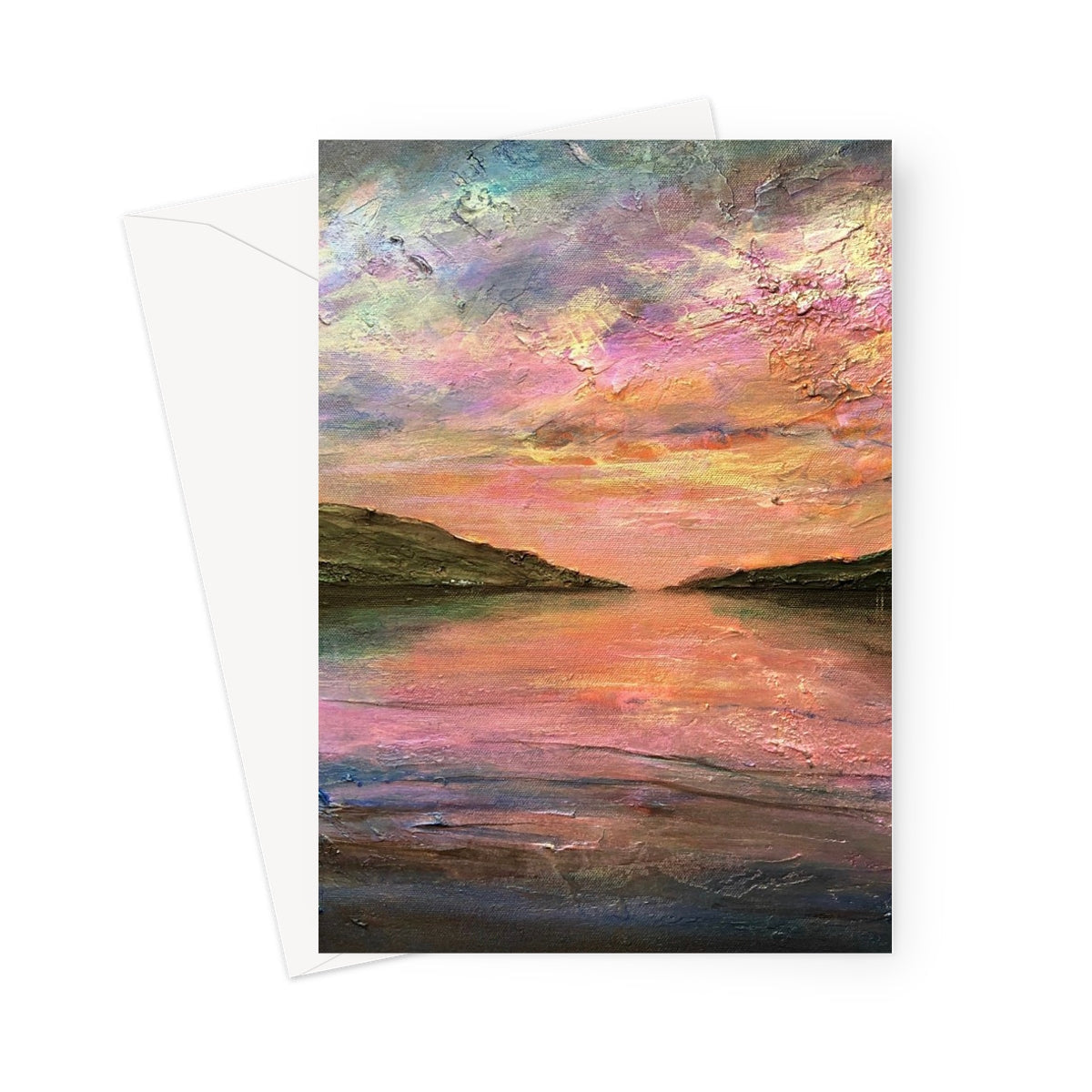 Loch Ness Dawn greeting card: impressionistic sunset over water in pink, orange, purple