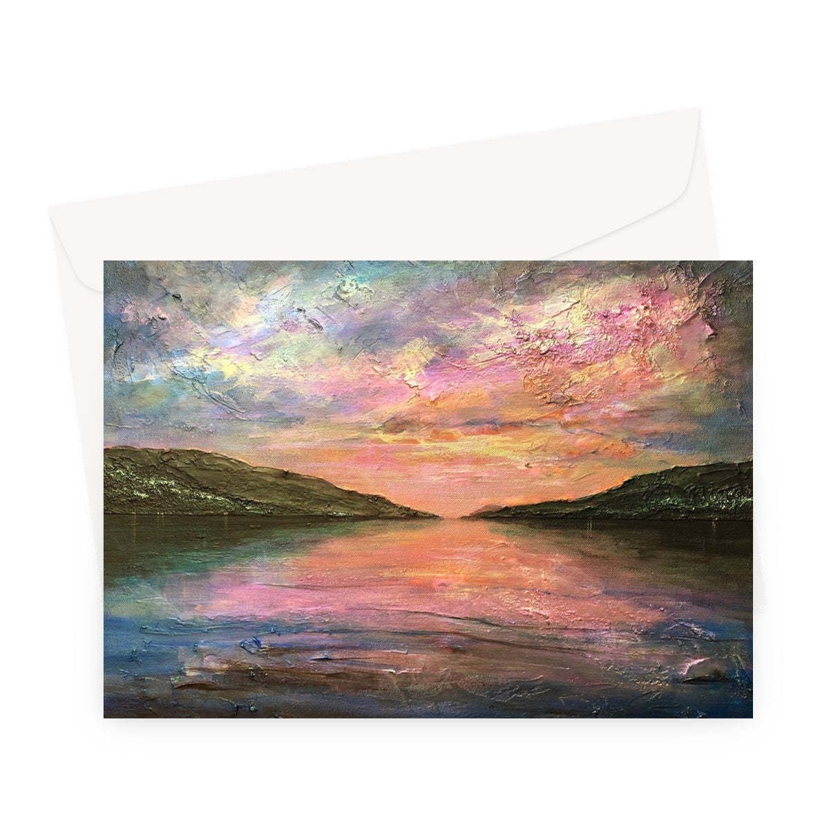 Loch Ness Dawn greeting card with impressionistic sunset over water