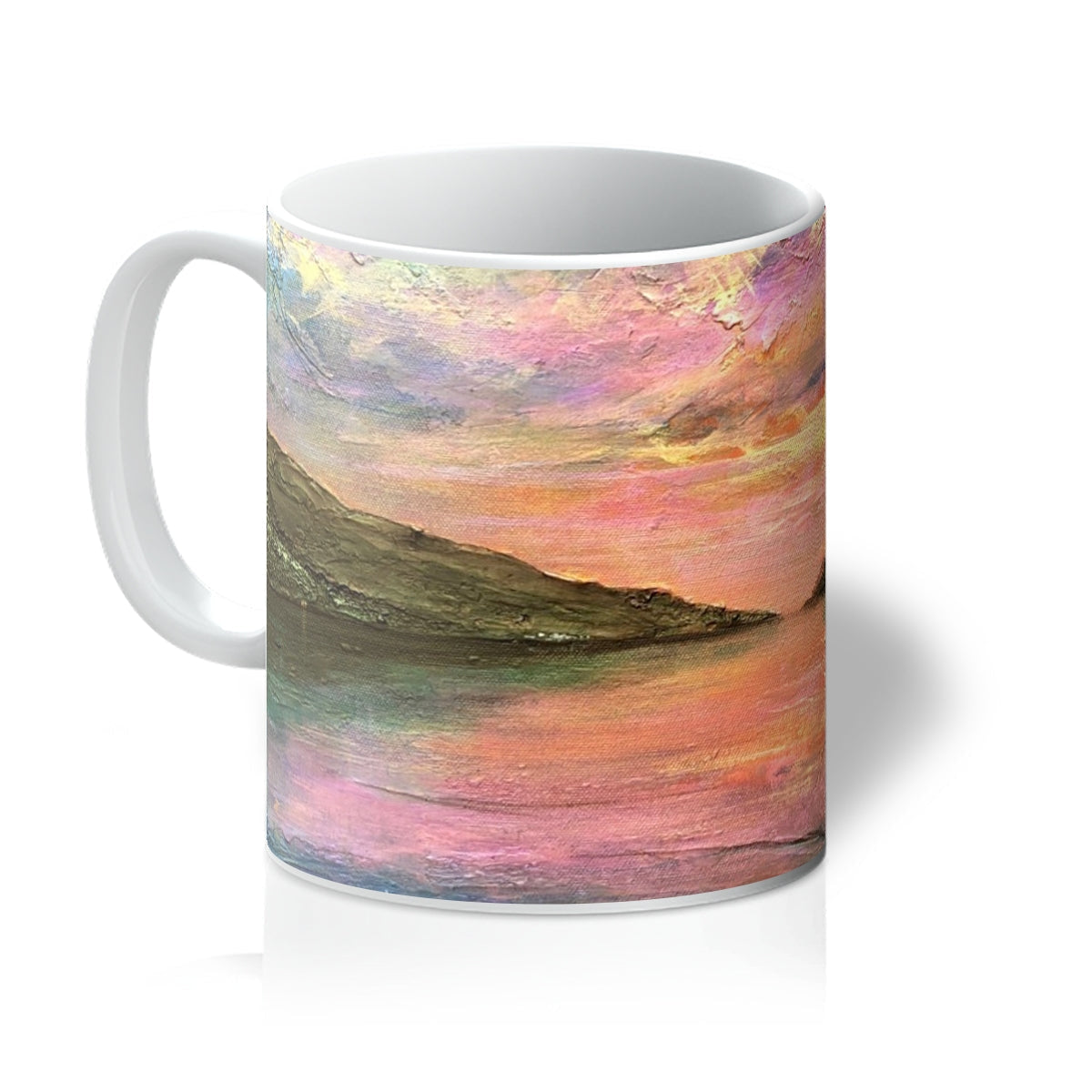 Loch Ness Dawn Mug with impressionistic pink purple orange landscape over water