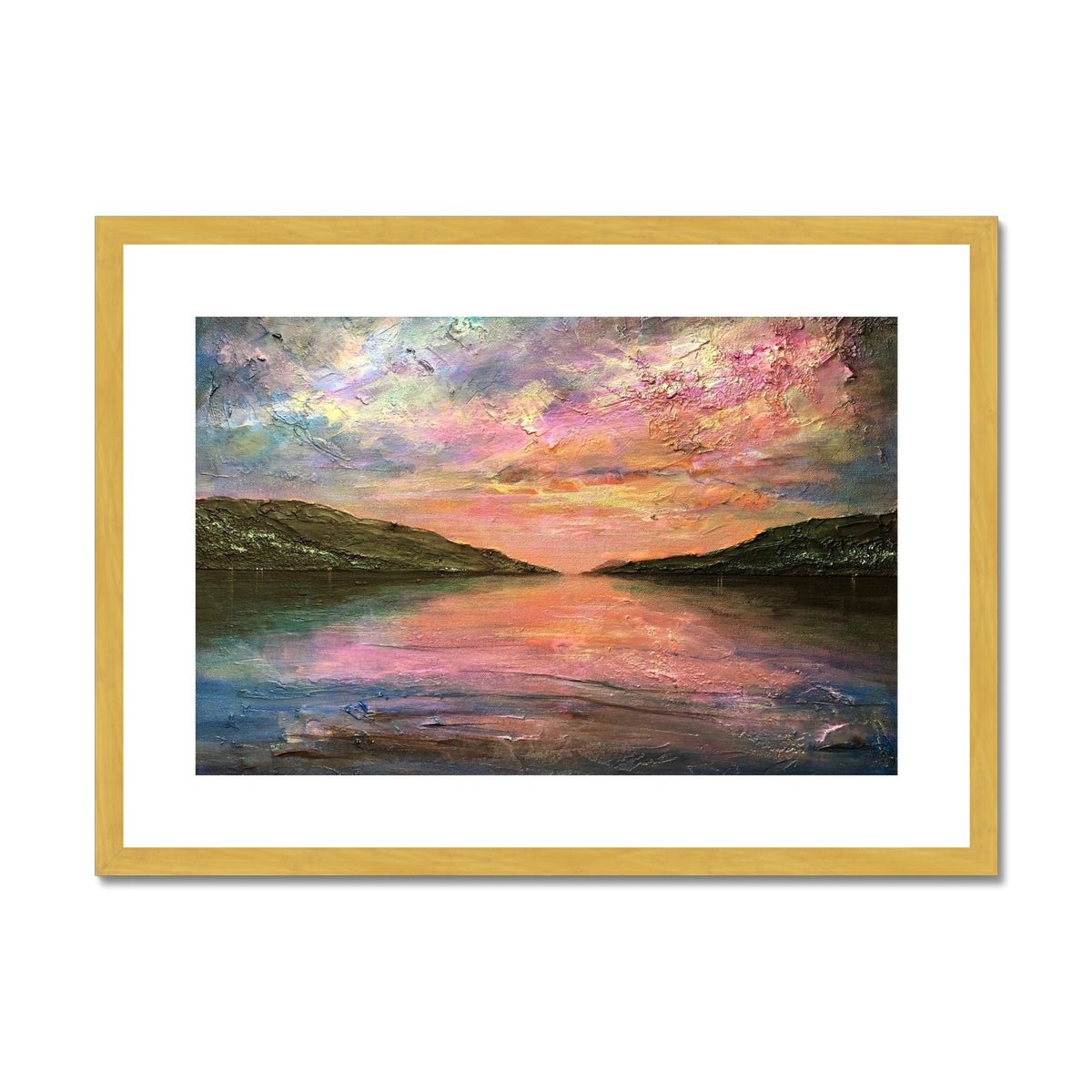 Loch Ness Dawn Painting | Antique Framed & Mounted Prints From Scotland-Antique Framed & Mounted Prints-Scottish Lochs & Mountains Art Gallery-A2 Landscape-Gold Frame-Paintings, Prints, Homeware, Art Gifts From Scotland By Scottish Artist Kevin Hunter