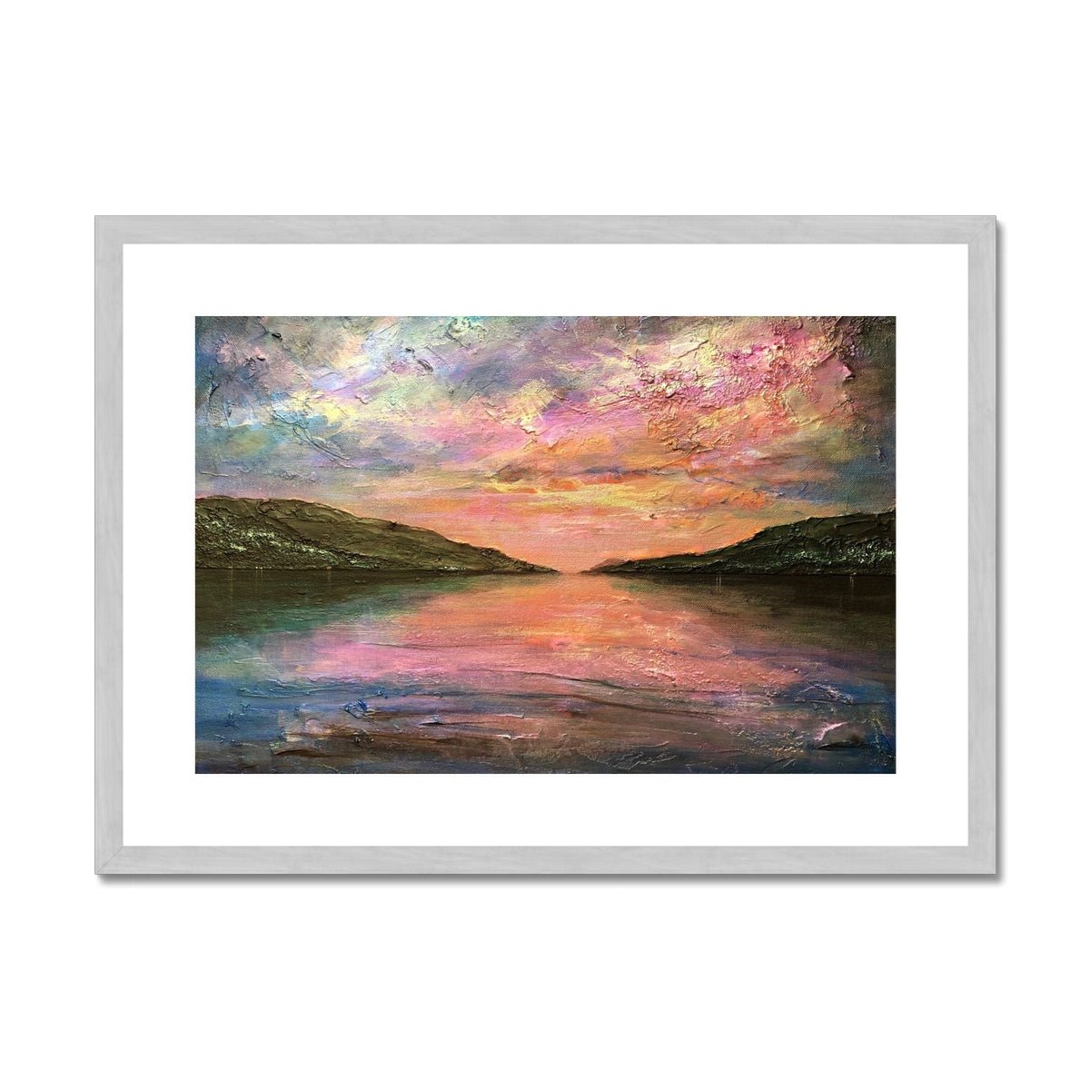 Loch Ness Dawn Painting | Antique Framed & Mounted Prints From Scotland-Antique Framed & Mounted Prints-Scottish Lochs & Mountains Art Gallery-A2 Landscape-Silver Frame-Paintings, Prints, Homeware, Art Gifts From Scotland By Scottish Artist Kevin Hunter