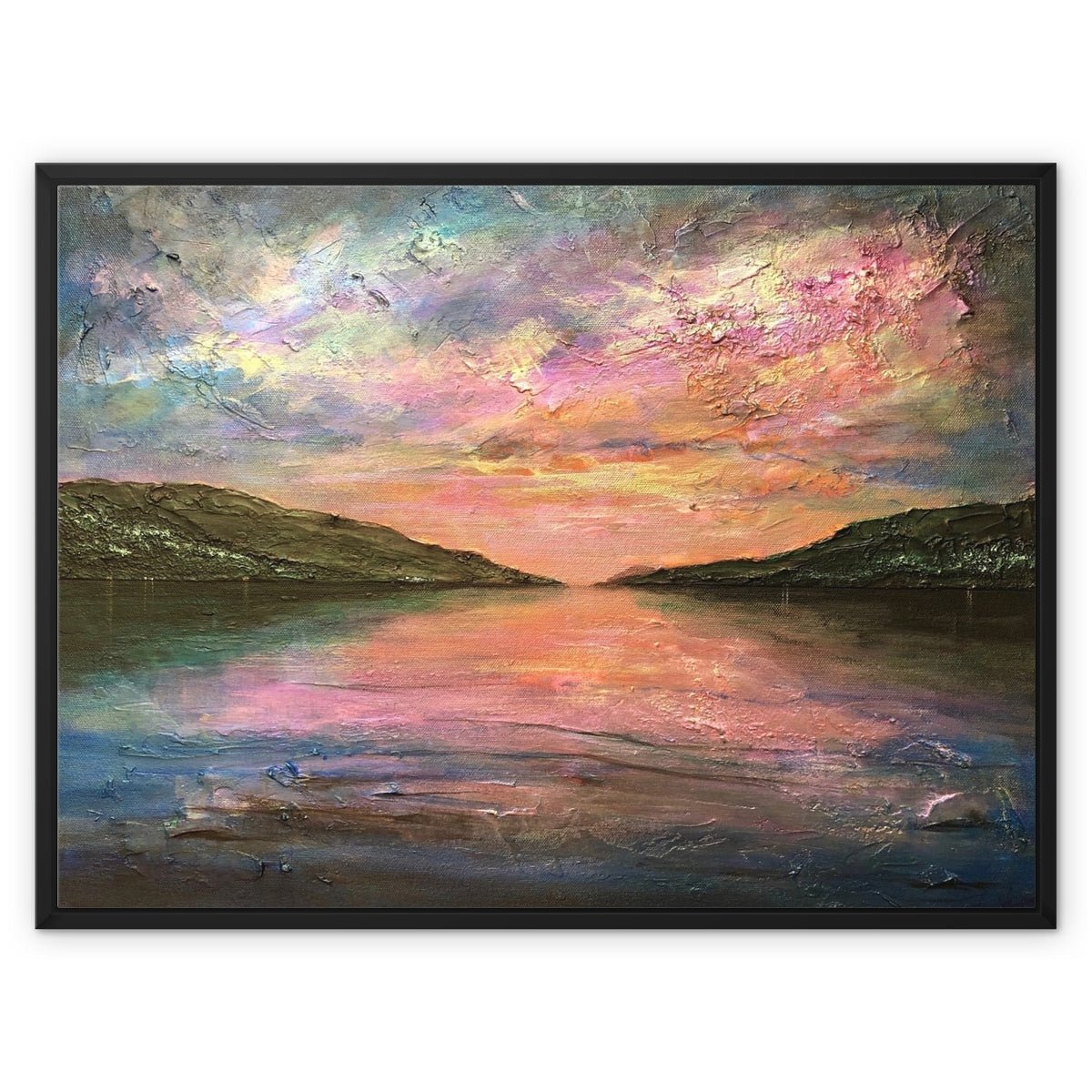 Loch Ness Dawn Painting | Framed Canvas-Floating Framed Canvas Prints-Scottish Lochs & Mountains Art Gallery-32"x24"-Black Frame-Paintings, Prints, Homeware, Art Gifts From Scotland By Scottish Artist Kevin Hunter