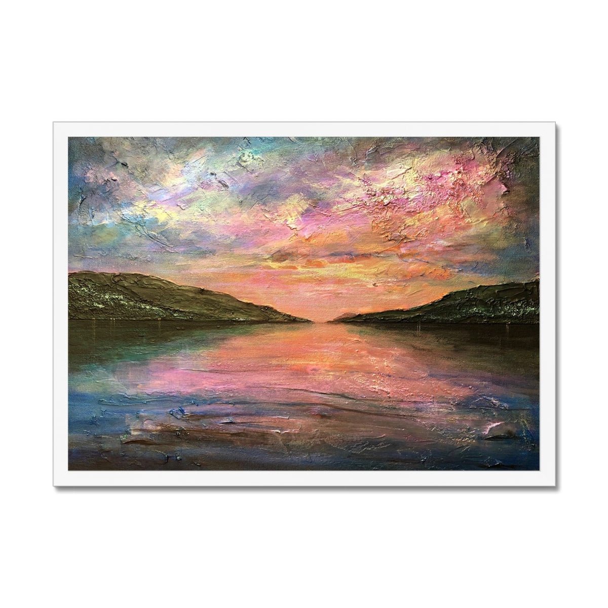 Loch Ness Dawn Painting | Framed Prints From Scotland-Framed Prints-Scottish Lochs & Mountains Art Gallery-A2 Landscape-White Frame-Paintings, Prints, Homeware, Art Gifts From Scotland By Scottish Artist Kevin Hunter