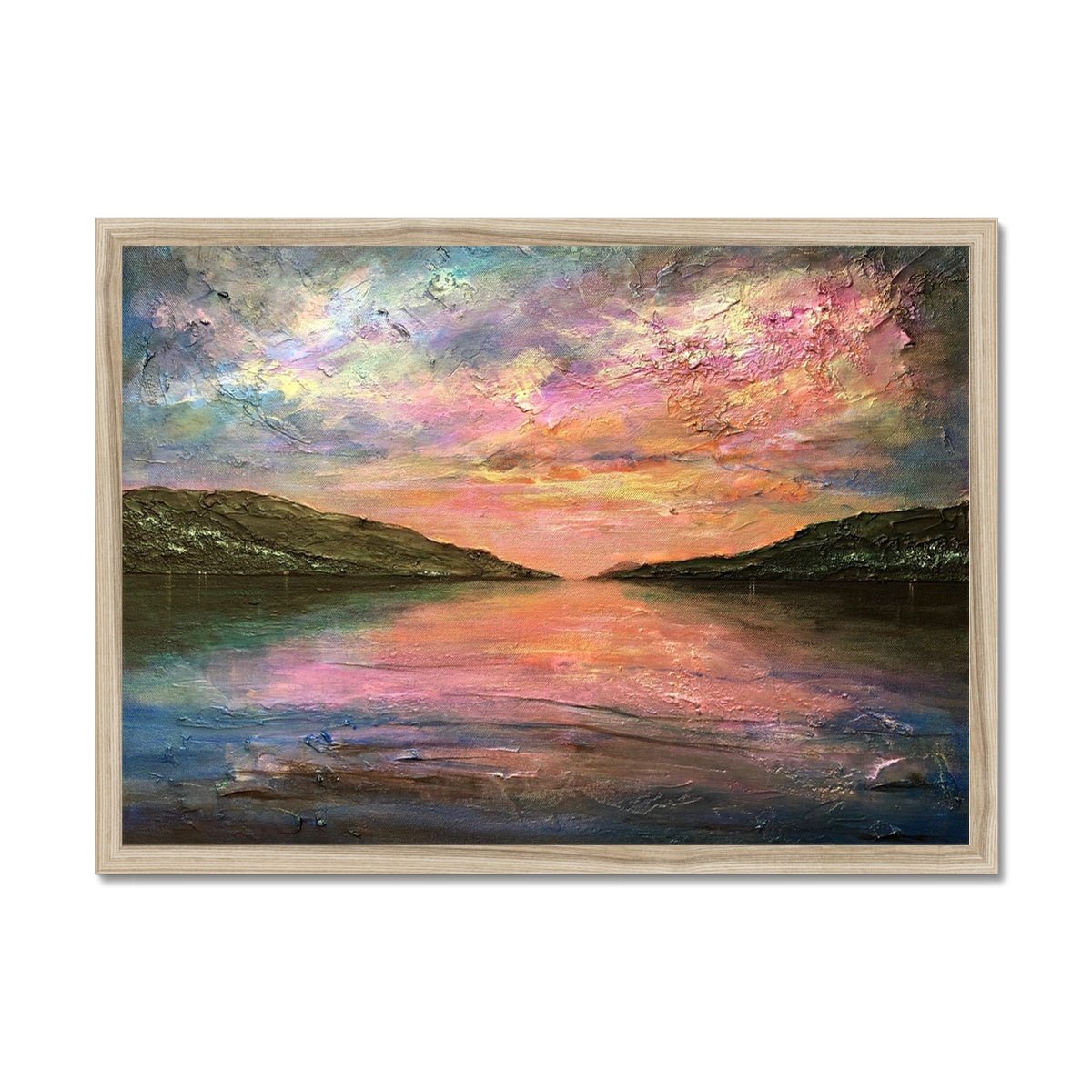 Loch Ness Dawn Painting | Framed Prints From Scotland-Framed Prints-Scottish Lochs & Mountains Art Gallery-A2 Landscape-Natural Frame-Paintings, Prints, Homeware, Art Gifts From Scotland By Scottish Artist Kevin Hunter