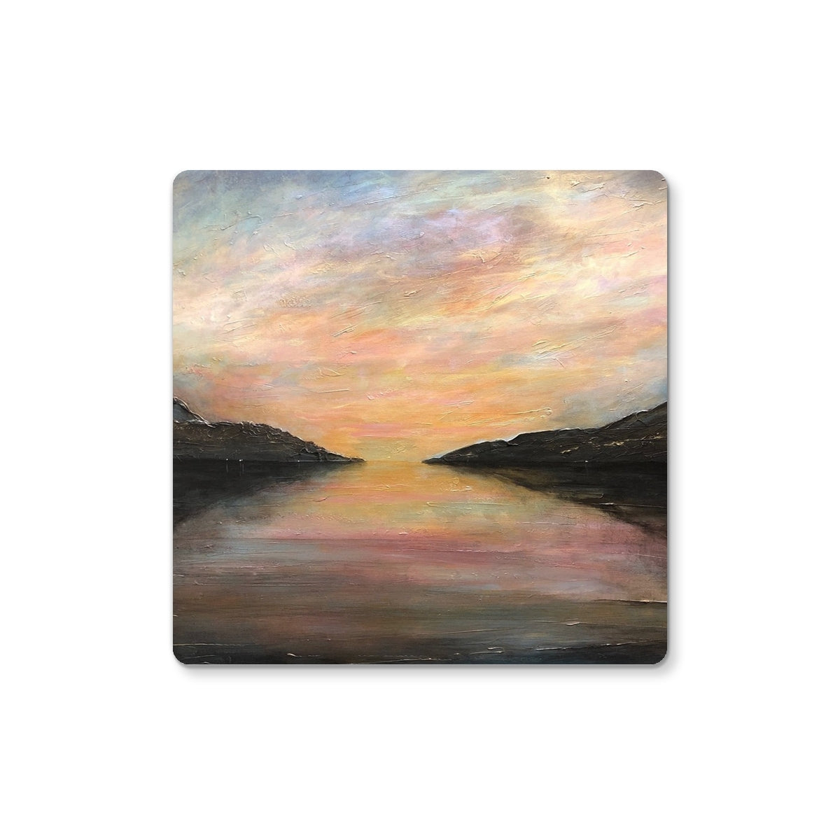 Loch Ness Glow Art Gifts Coaster-Homeware-Scottish Lochs & Mountains Art Gallery-2 Coasters-Paintings, Prints, Homeware, Art Gifts From Scotland By Scottish Artist Kevin Hunter
