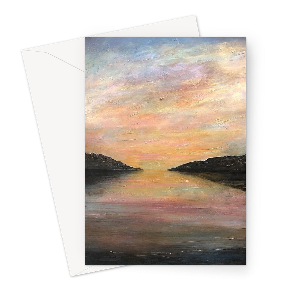 Loch Ness Glow Art Gifts Greeting Card-Greetings Cards-Scottish Lochs & Mountains Art Gallery-A5 Portrait-1 Card-Paintings, Prints, Homeware, Art Gifts From Scotland By Scottish Artist Kevin Hunter