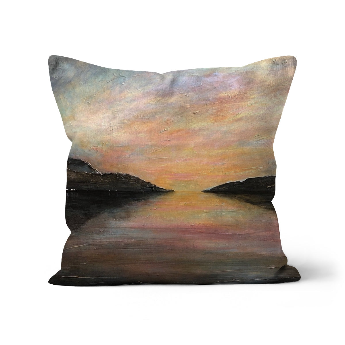 Loch Ness Glow Cushion with serene sunset in muted pastels