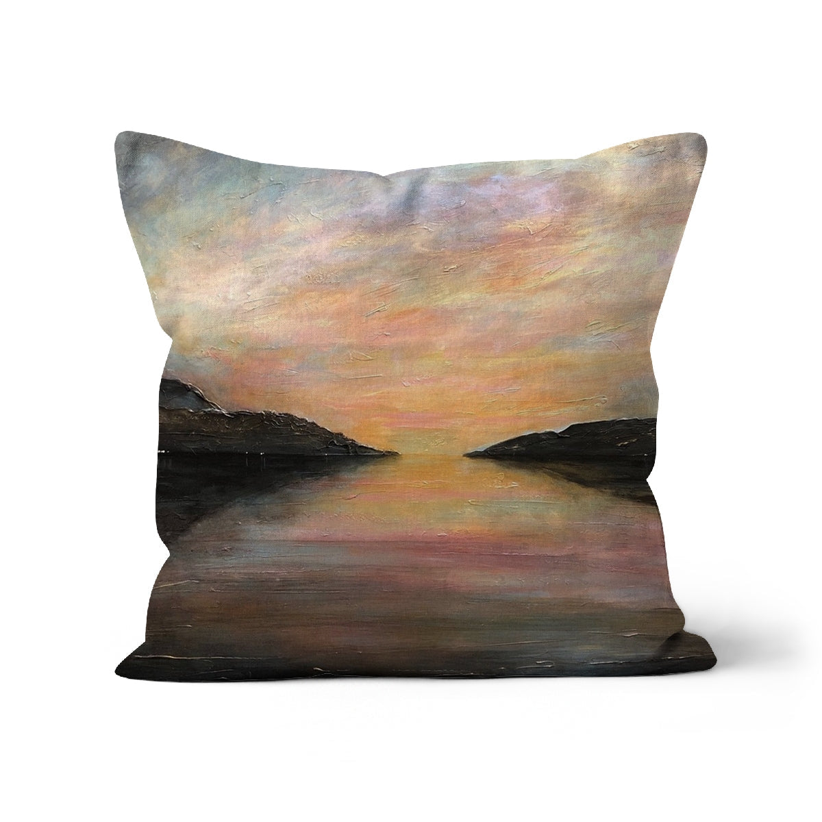 Loch Ness Glow Cushion: 20x20 inch abstract landscape cover in muted earth tones