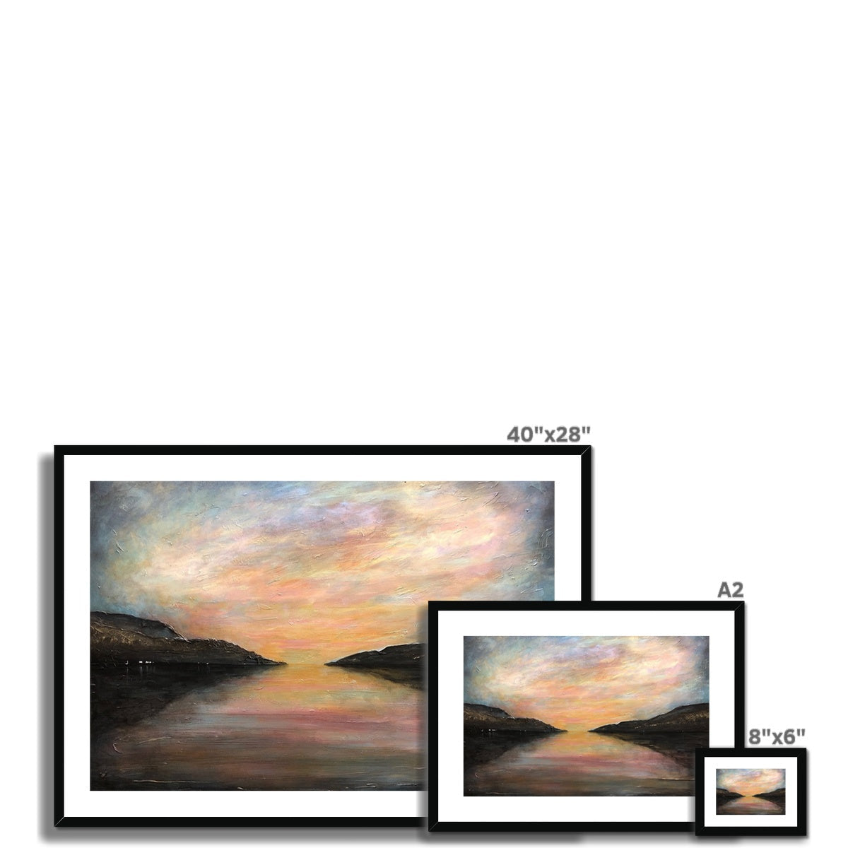 Framed 40x28 Loch Ness Glow sunset landscape painting with black frame and white mat