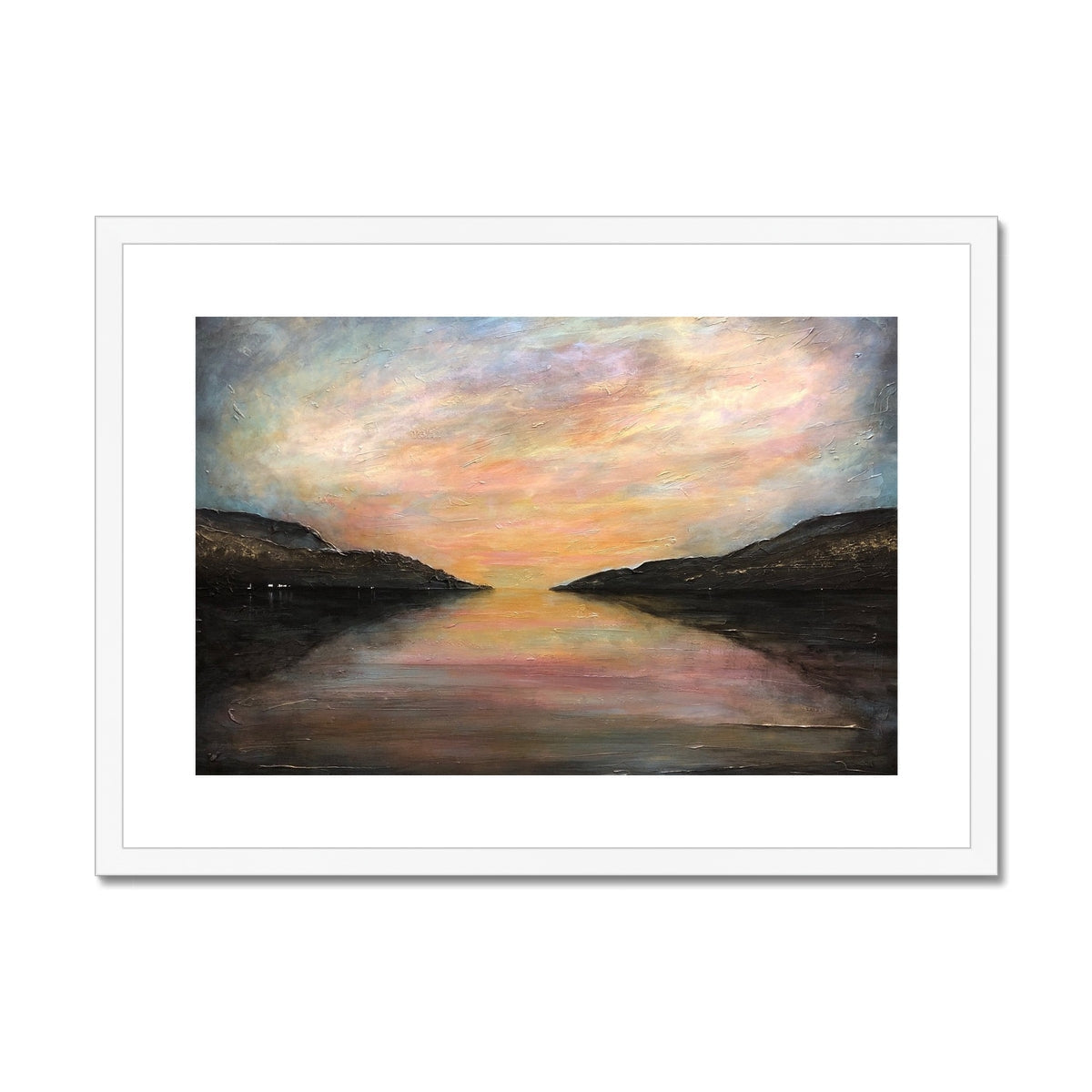 White-framed Loch Ness Glow sunset landscape art print in pastel hues