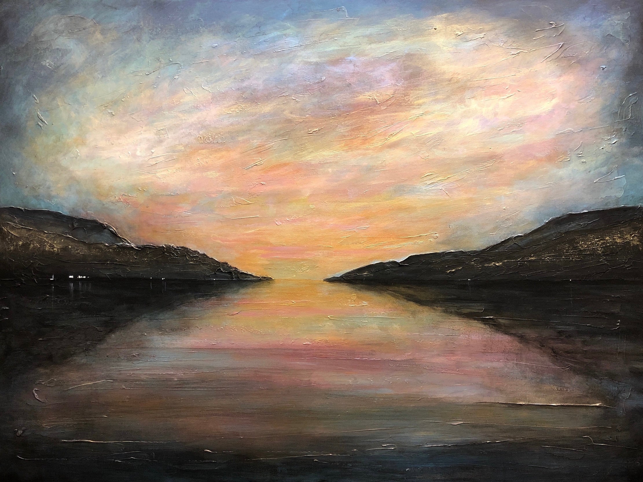 Impressionistic landscape painting titled Loch Ness Glow Original Painting