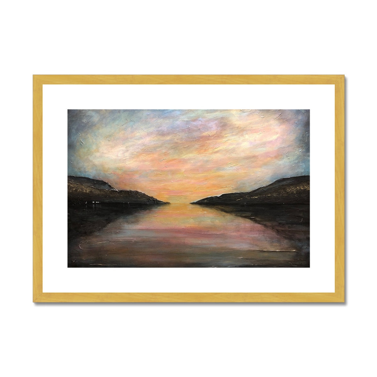Loch Ness Glow Painting | Antique Framed & Mounted Prints From Scotland-Antique Framed & Mounted Prints-Scottish Lochs & Mountains Art Gallery-A2 Landscape-Gold Frame-Paintings, Prints, Homeware, Art Gifts From Scotland By Scottish Artist Kevin Hunter