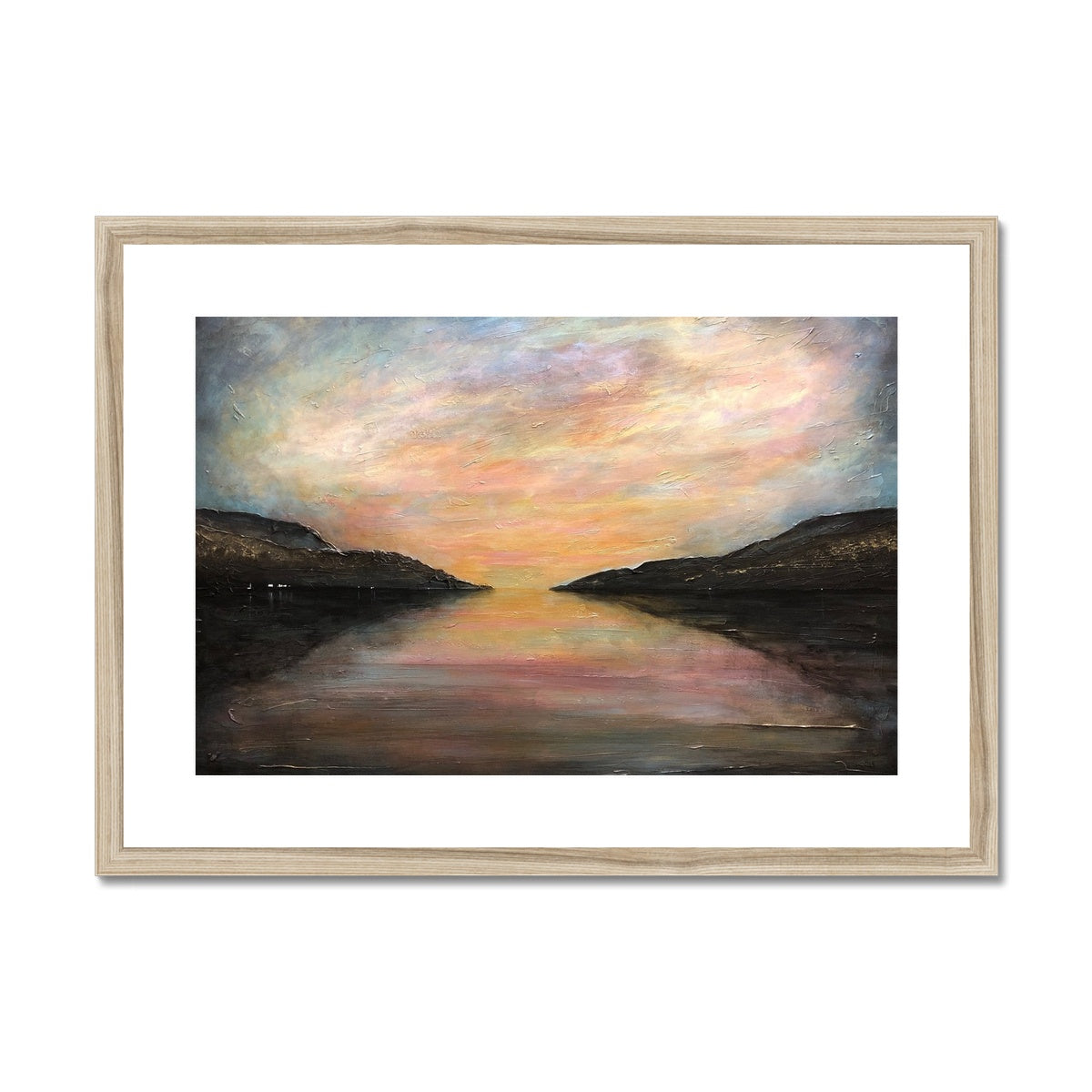 Loch Ness Glow Painting | Framed & Mounted Prints From Scotland-Framed & Mounted Prints-Scottish Lochs & Mountains Art Gallery-A2 Landscape-Natural Frame-Paintings, Prints, Homeware, Art Gifts From Scotland By Scottish Artist Kevin Hunter