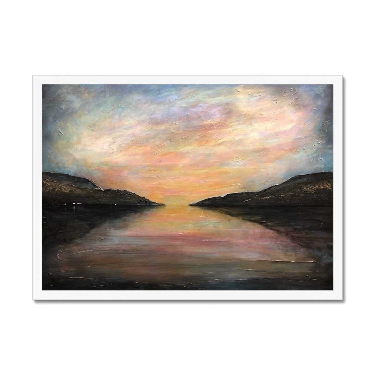 Loch Ness Glow Painting | Framed Prints From Scotland-Framed Prints-Scottish Lochs & Mountains Art Gallery-A2 Landscape-White Frame-Paintings, Prints, Homeware, Art Gifts From Scotland By Scottish Artist Kevin Hunter