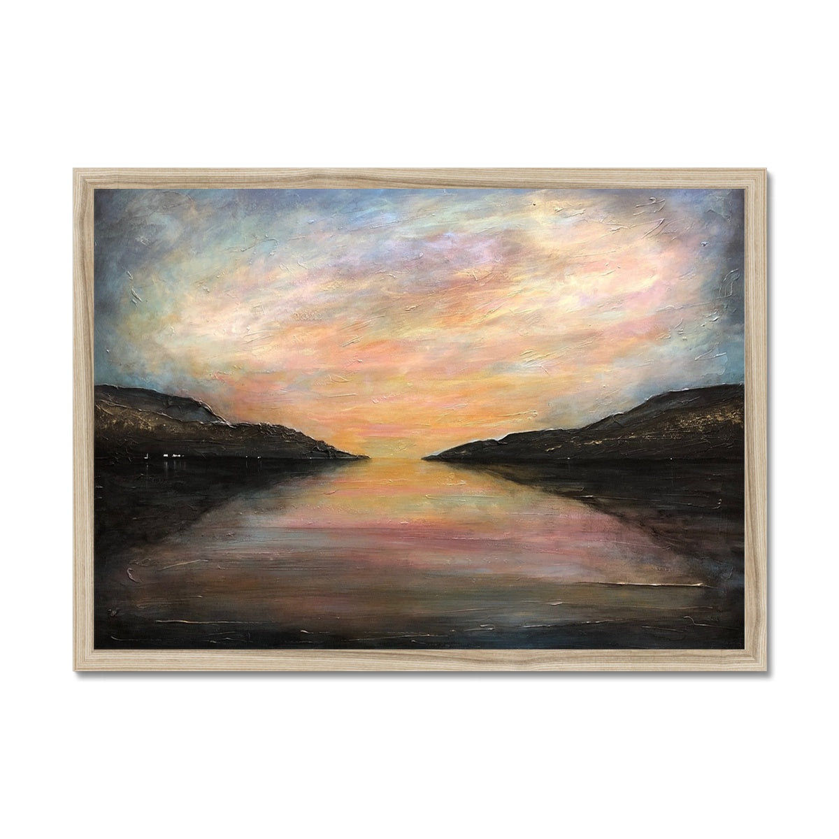 Loch Ness Glow Painting | Framed Prints From Scotland-Framed Prints-Scottish Lochs & Mountains Art Gallery-A2 Landscape-Natural Frame-Paintings, Prints, Homeware, Art Gifts From Scotland By Scottish Artist Kevin Hunter