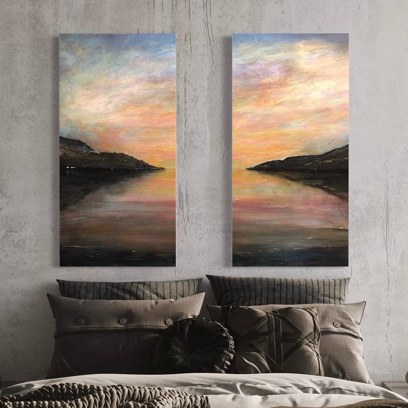Loch Ness Glow Painting Signed Fine Art Diptych Canvas-Statement Wall Art-Scottish Lochs & Mountains Art Gallery-Paintings, Prints, Homeware, Art Gifts From Scotland By Scottish Artist Kevin Hunter