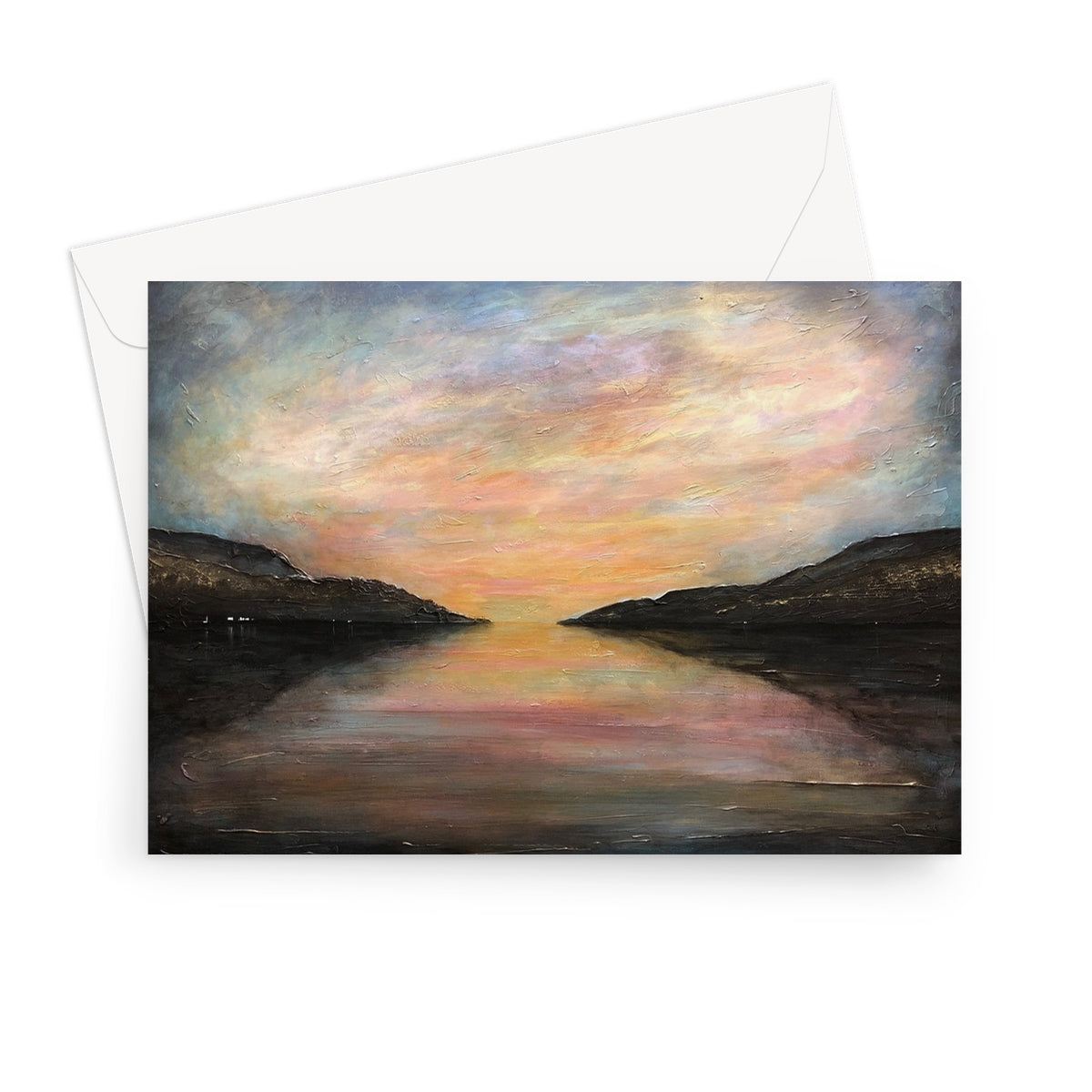 Loch Ness Glow Scottish Art Gifts Greeting Card | Scottish Lochs & Mountains Art Gallery | Paintings, Prints, Homeware and Art Gifts From Scotland By Scottish Artist Kevin Hunter