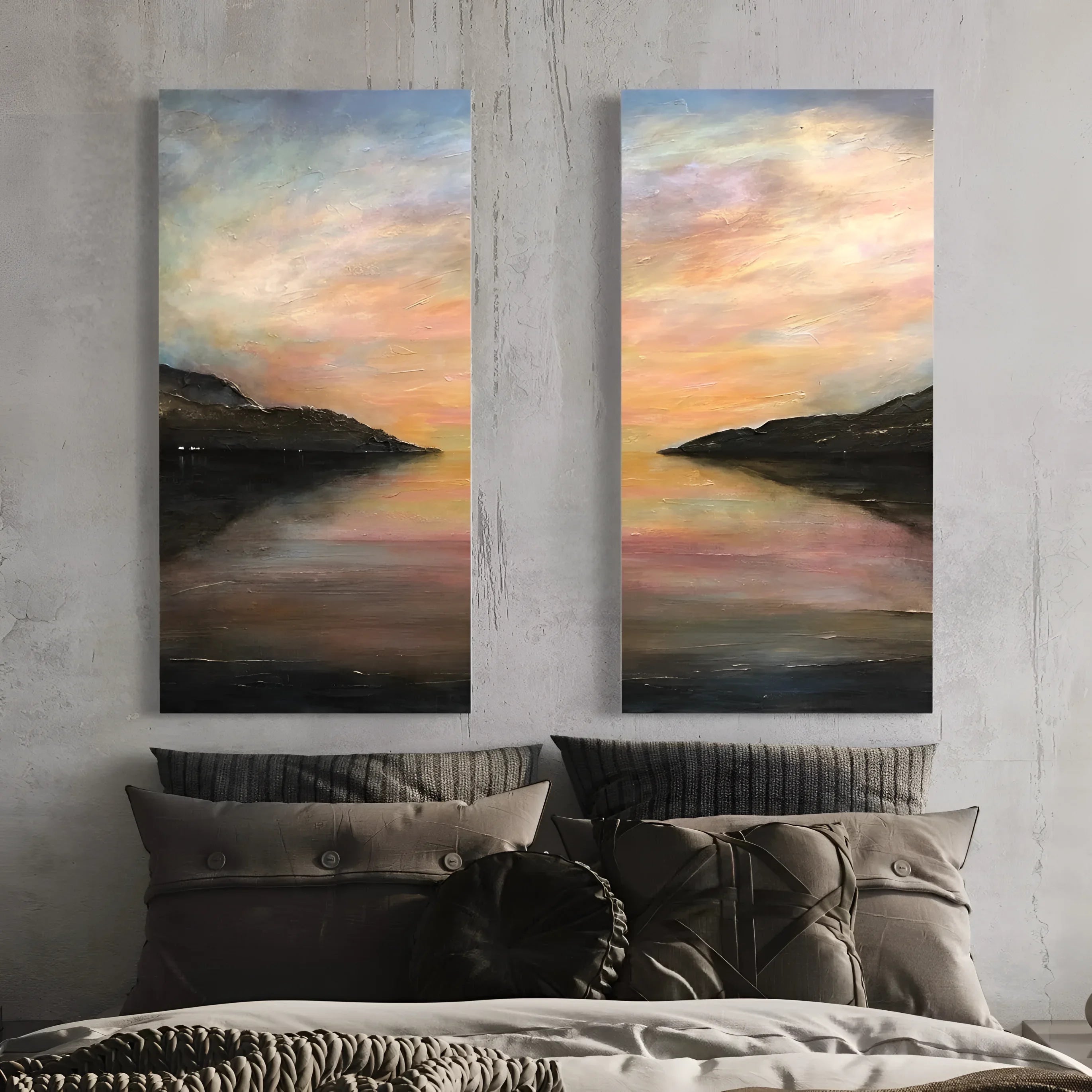 Vertical landscape paintings of sunset or sunrise over water with mountains for Loch Ness Glow wall art