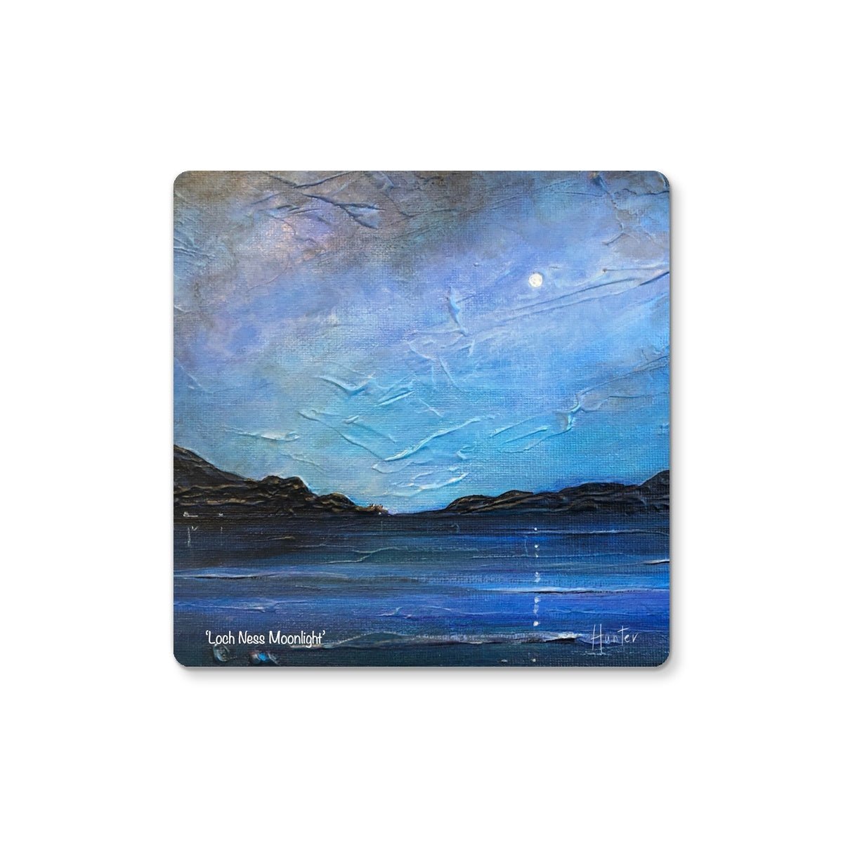 Loch Ness Moonlight Art Gifts Coaster-Coasters-Scottish Lochs & Mountains Art Gallery-2 Coasters-Paintings, Prints, Homeware, Art Gifts From Scotland By Scottish Artist Kevin Hunter