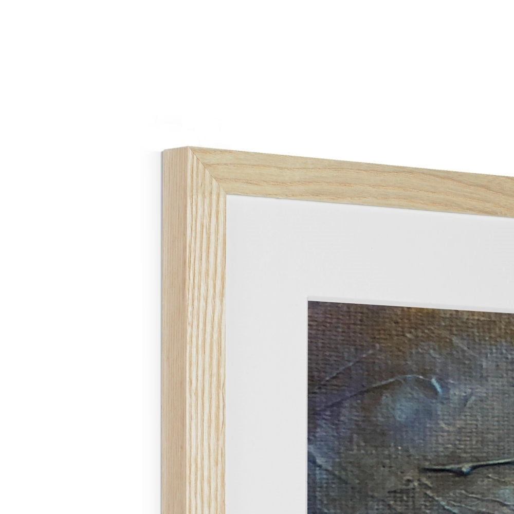 Light oak frame with vertical grain holds Loch Ness Moonlight abstract print
