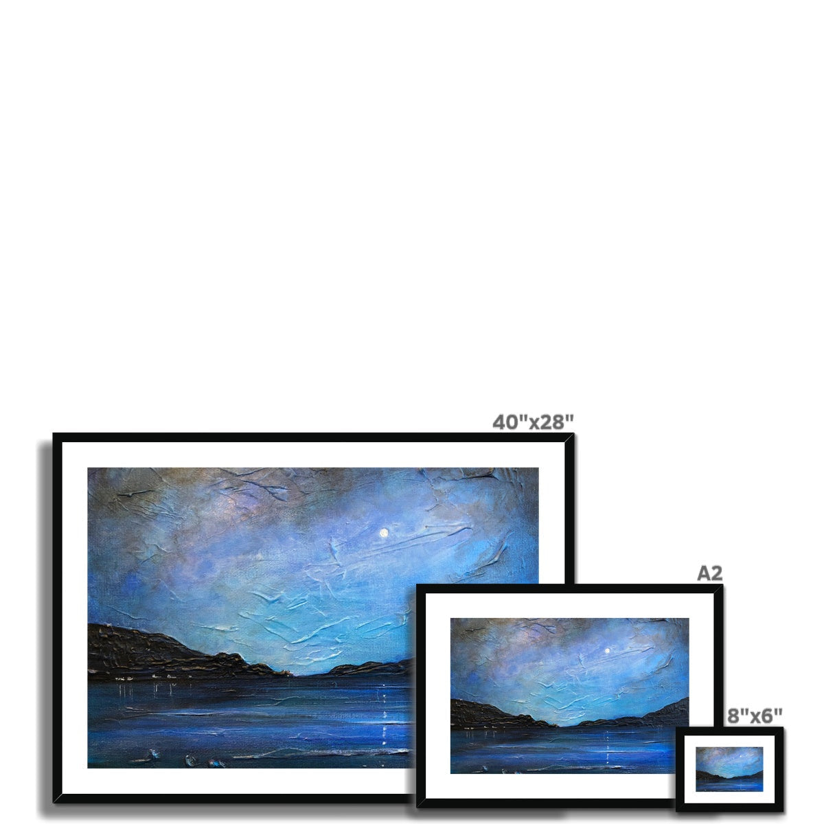Blue textured Loch Ness Moonlight landscape painting in black frame