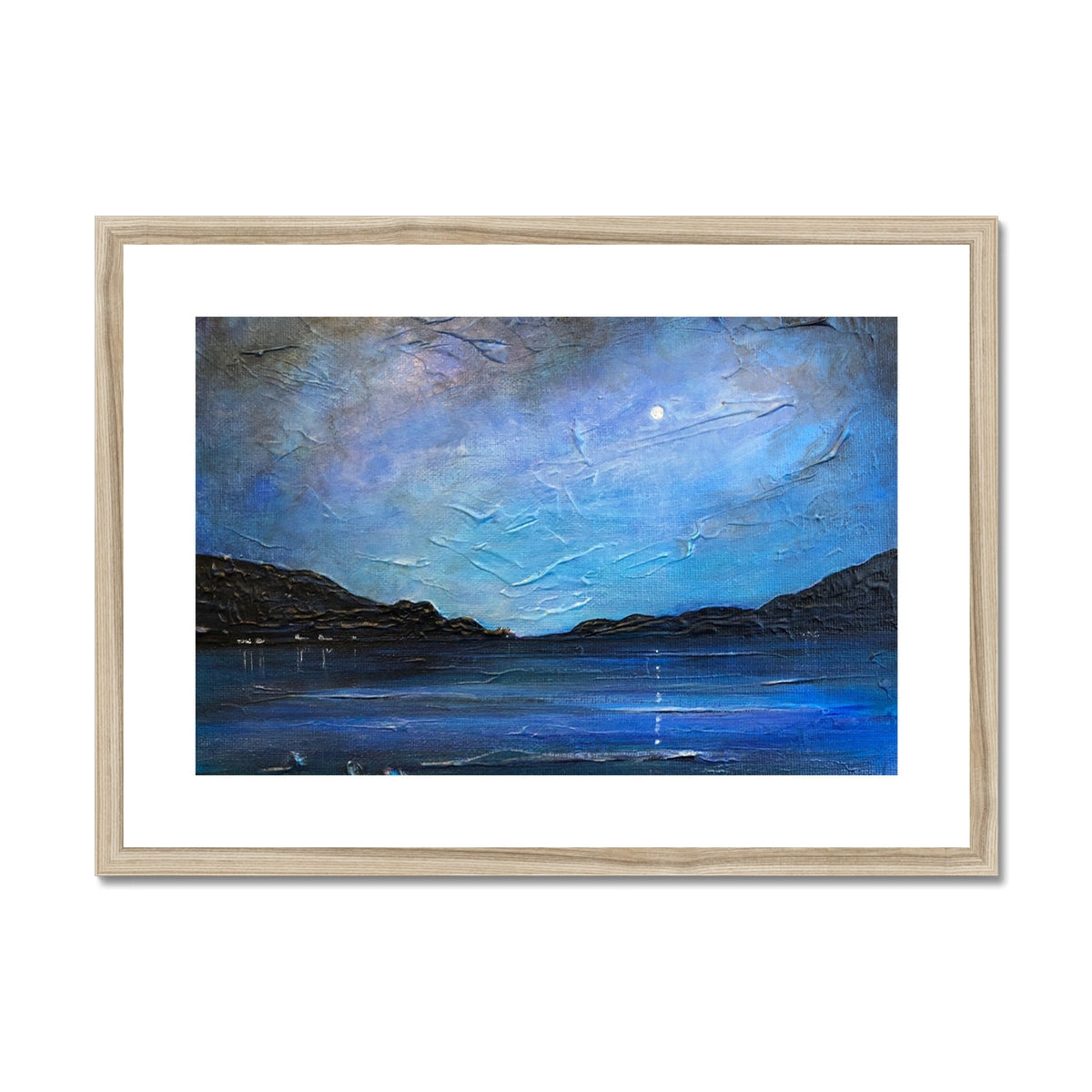 Loch Ness Moonlight abstract print: blue-gray skies, silhouetted hills, moonlit water